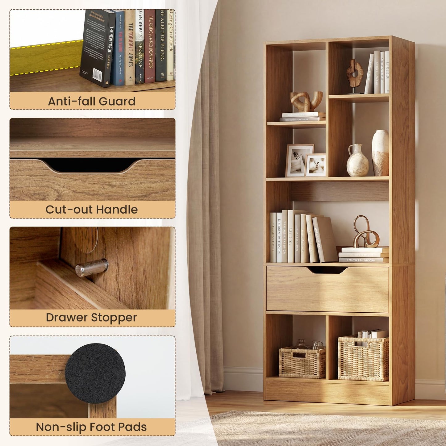 Tangkula 51” Tall Open Bookcase with Drawer 7-Cube Display Storage Cabinet(1/2)