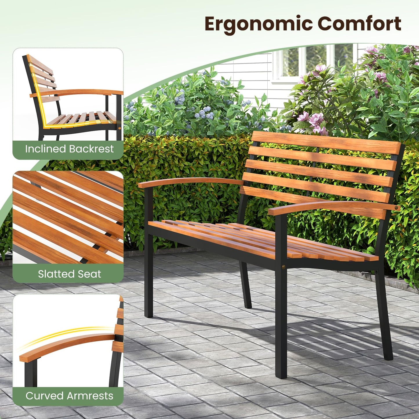 Banc d'extérieur Tangkula, causeuse de patio en bois d'acacia avec dossier et accoudoirs