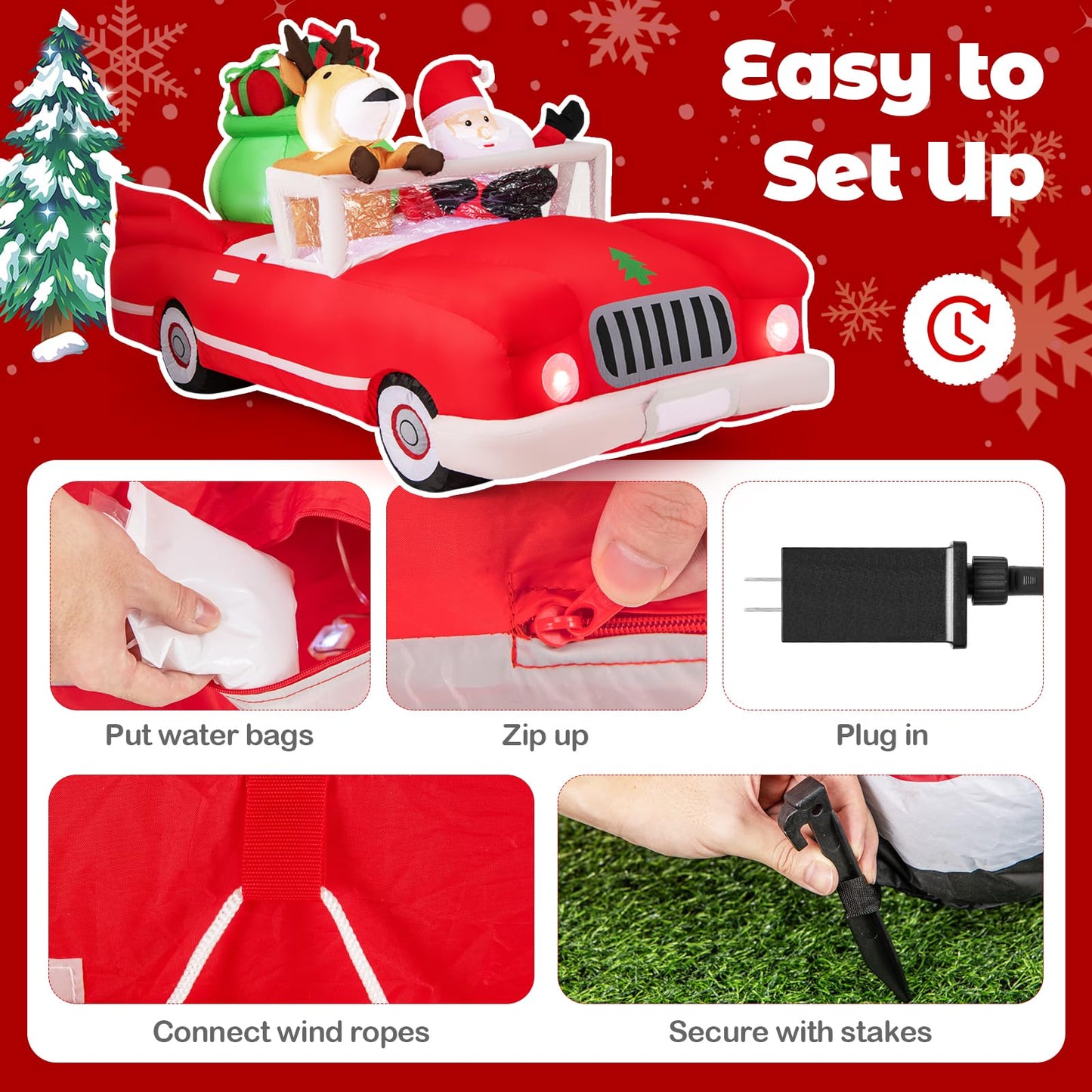 Tangkula 7.7 FT Christmas Inflatable Santa Claus & Reindeer Riding Car with Gift Bag