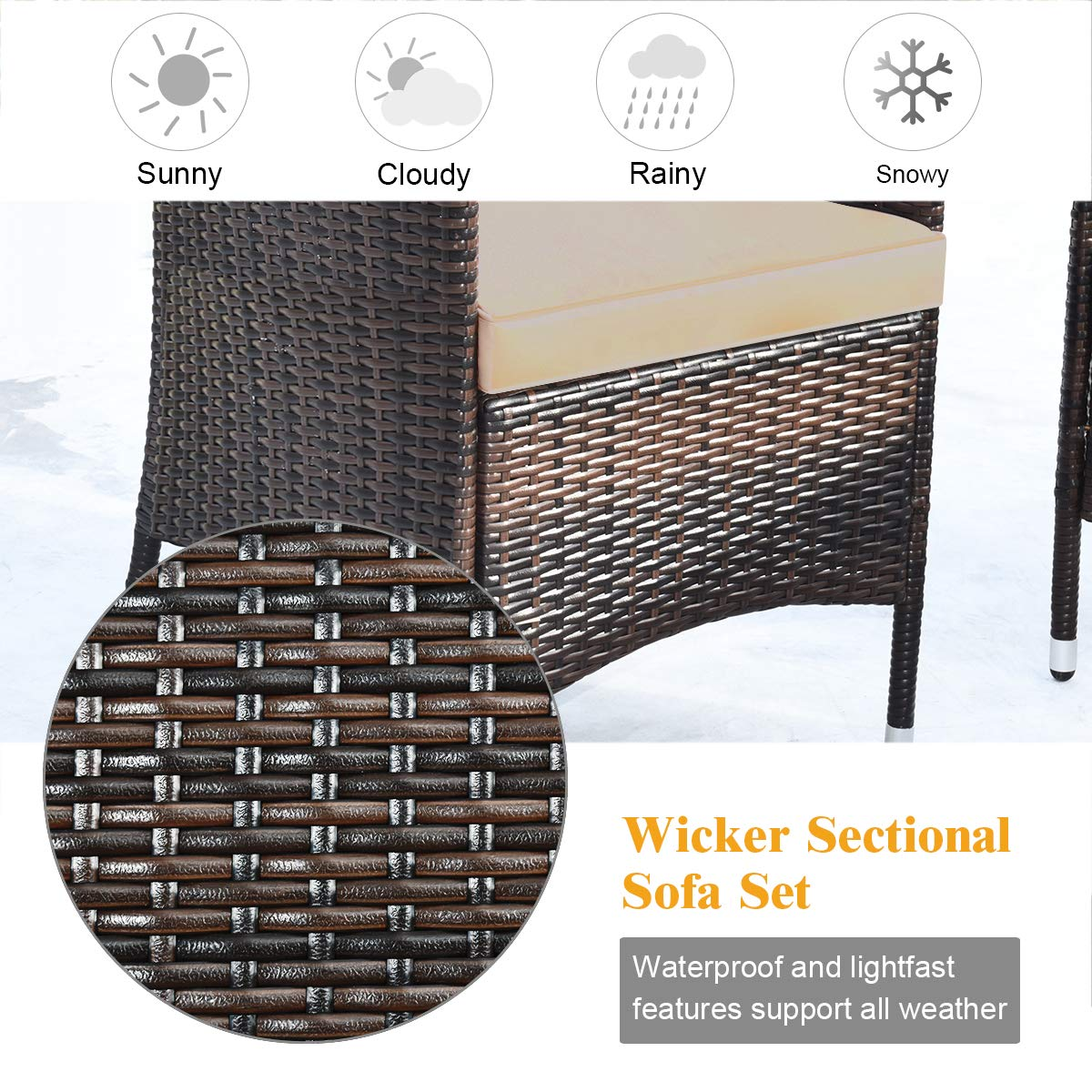 Tangkula 4-PCS Patio Rattan Conversation Set, Outdoor Wicker Furniture Set with Tempered Glass Coffee Table &Thick Cushion