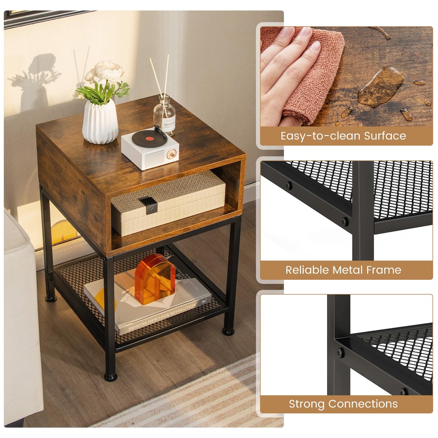 Tangkula 16” Wood Top Sofa Side Table with Metal Frame