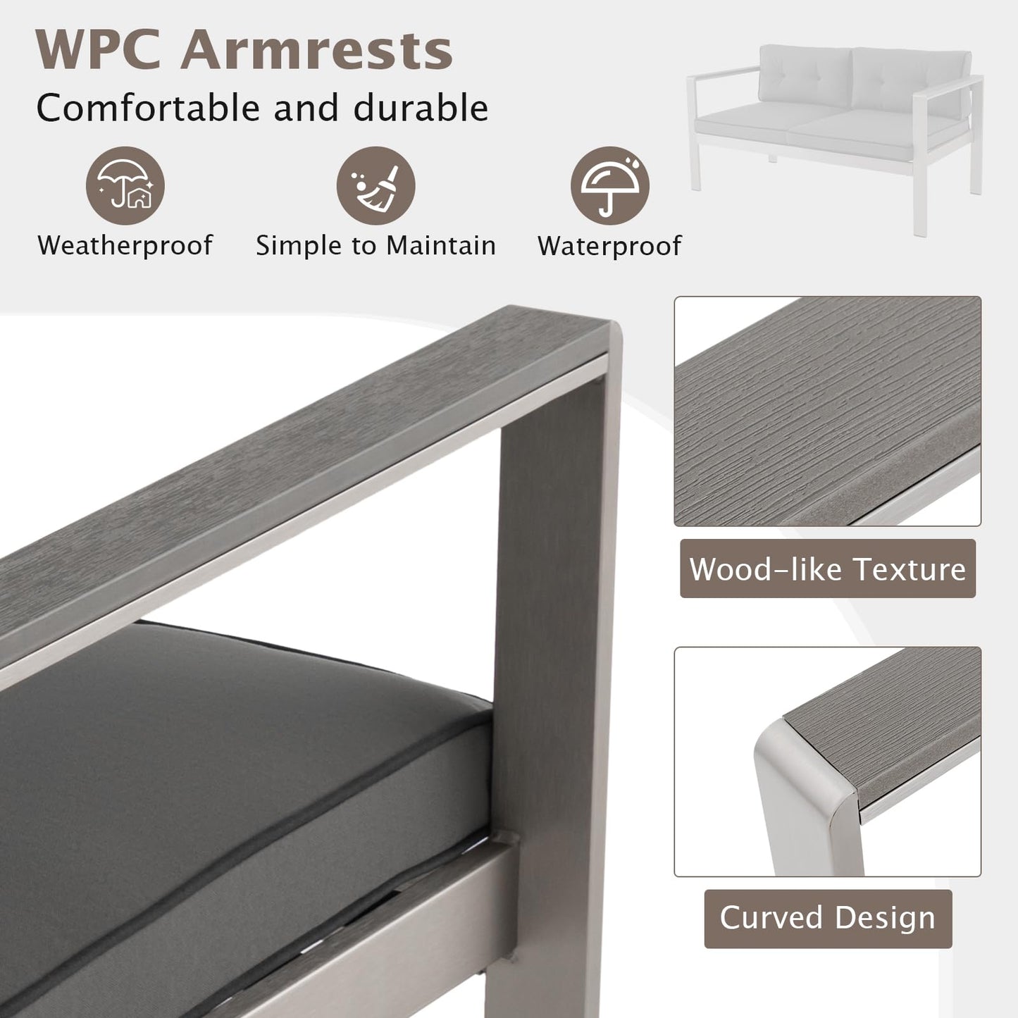 Tangkula Patio Aluminum Loveseat Sofa, Contemporary 2-Person Sofa Chair with WPC Armrests