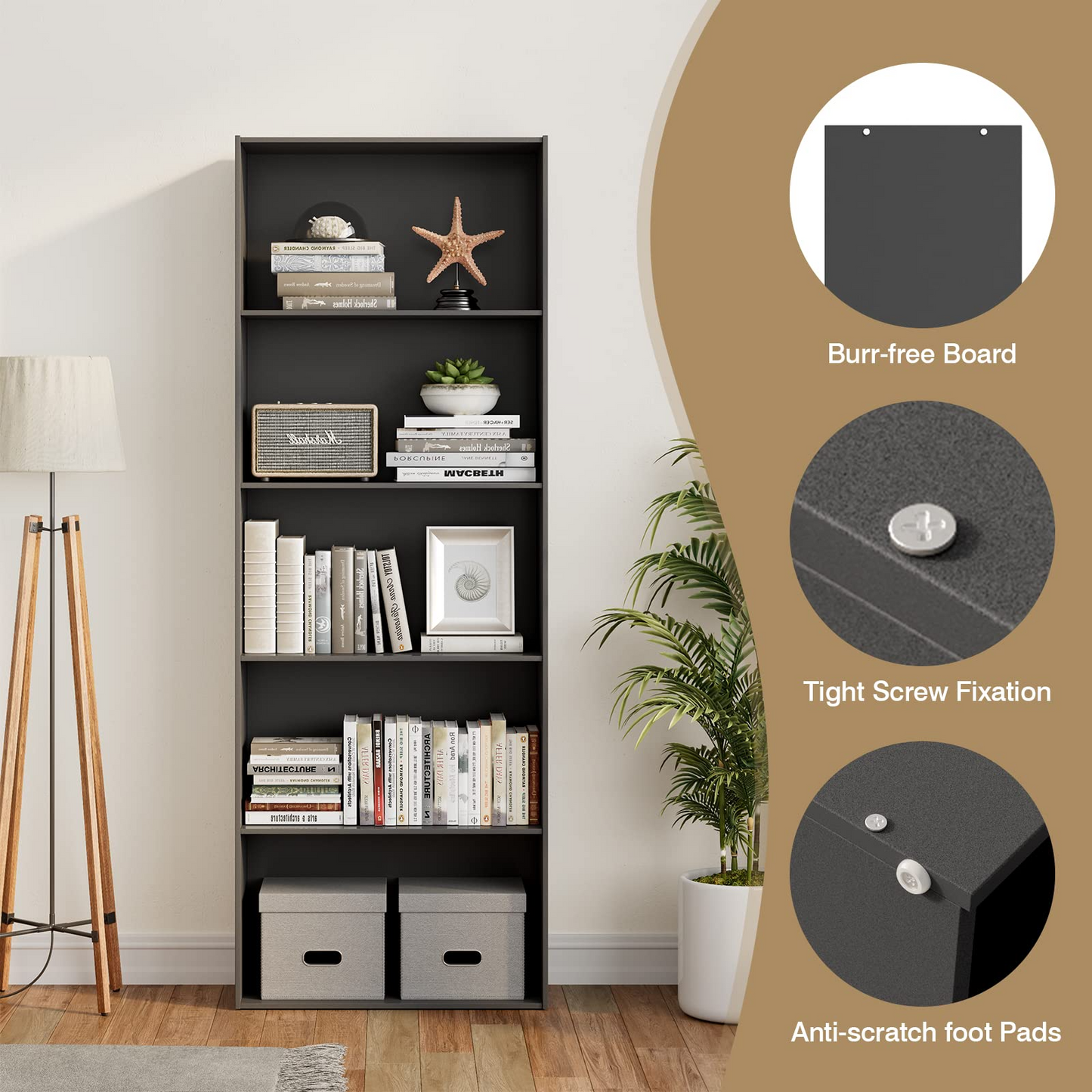 Tangkula 5-Shelf Bookcase, 23.5''L x 9.5''W x 67''H