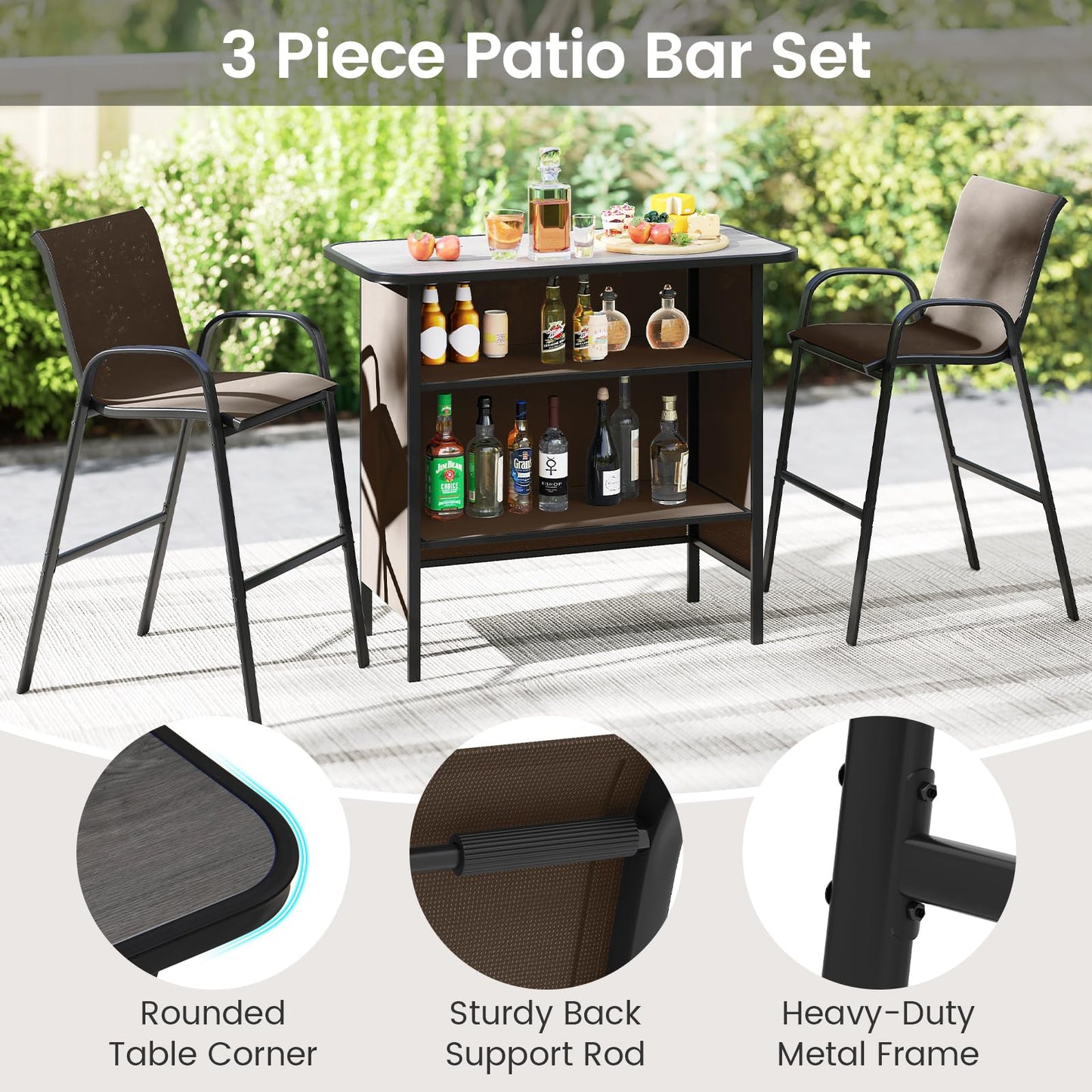 Tangkula 3 Piece Outdoor Bar Set for Backyard