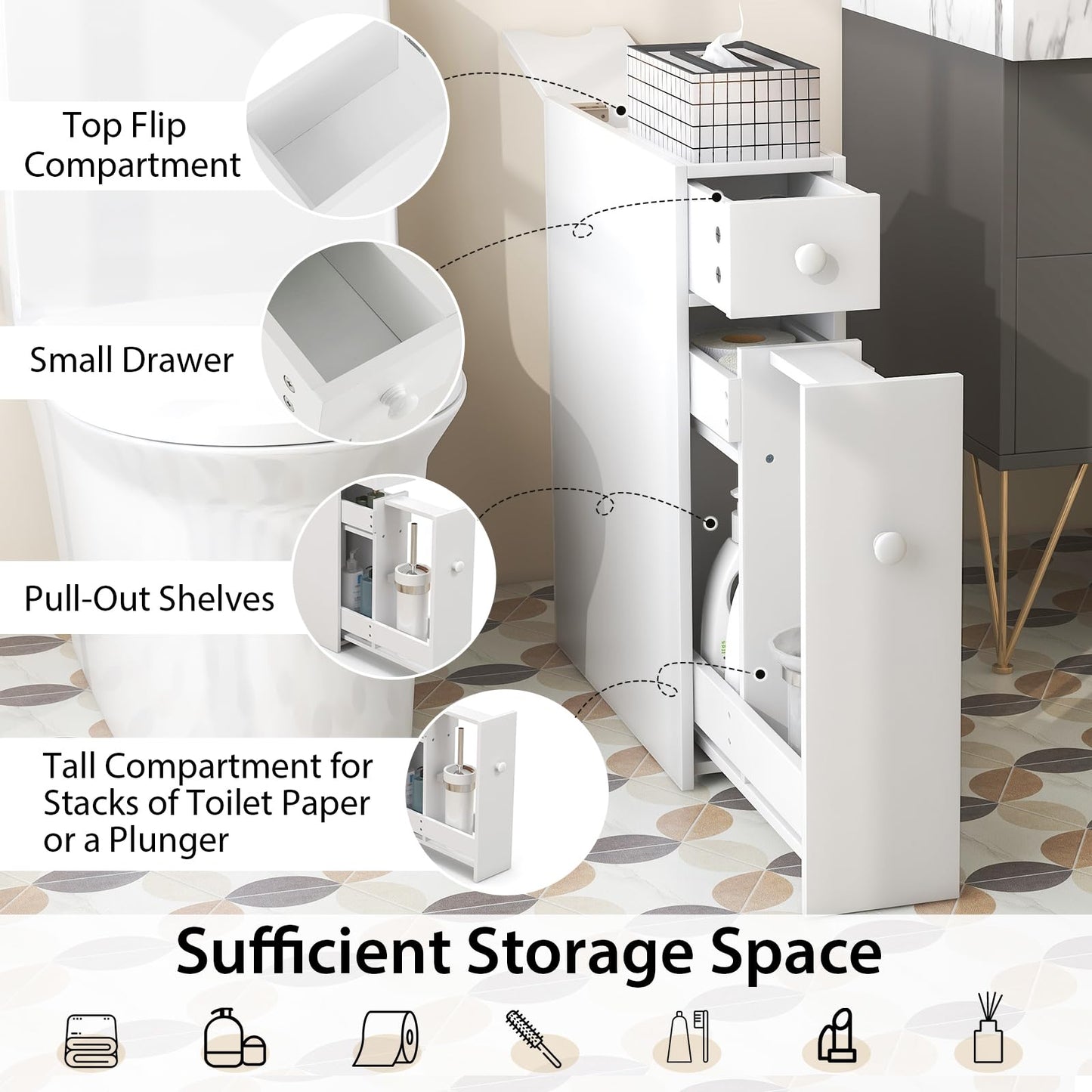 Tangkula Bathroom Cabinet, Wooden Bathroom Storage Cabinet, Home Kitchen Living Room Bathroom Toilet Narrow Floor Organizer