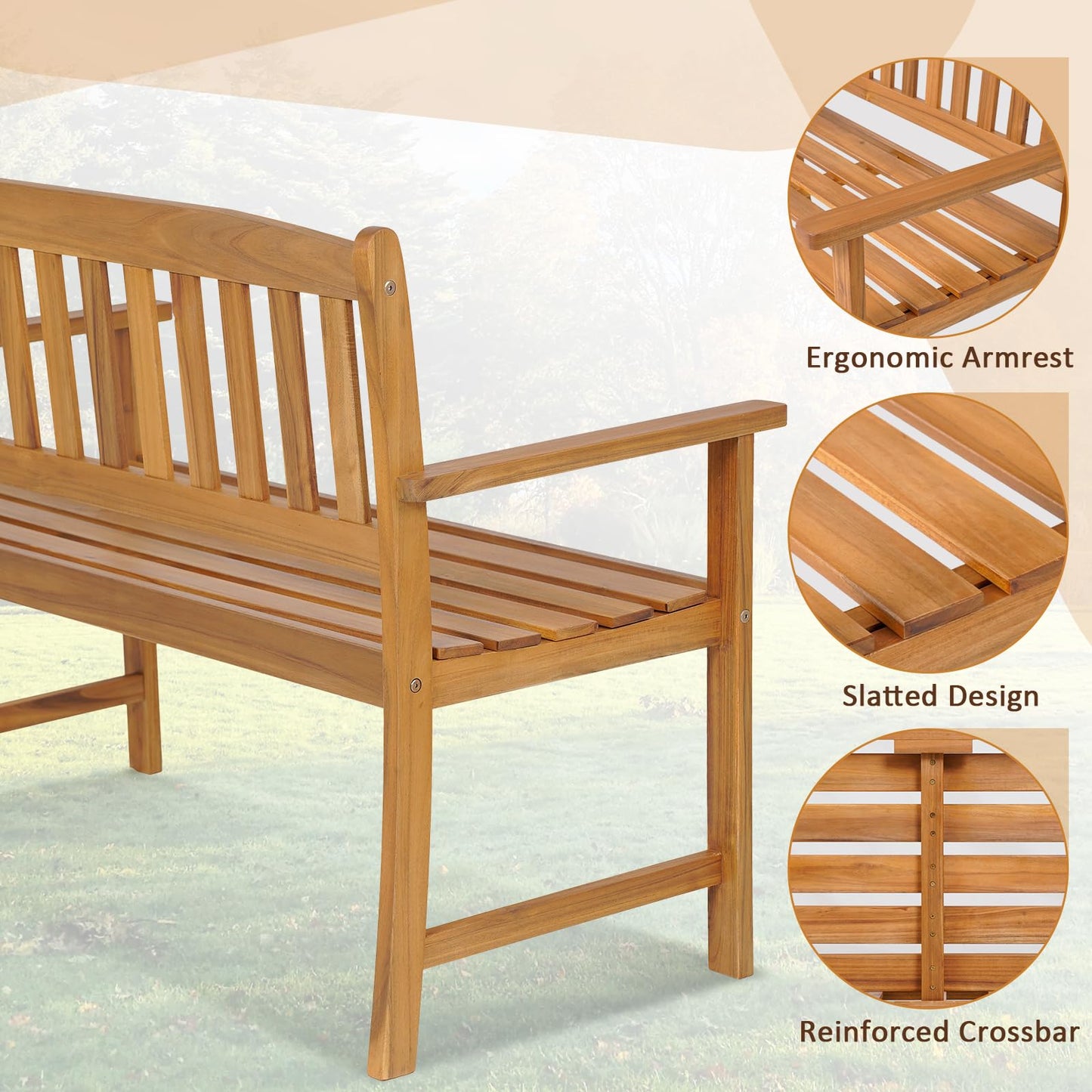 Tangkula Outdoor Acacia Wood Bench, 2-Person Garden Bench with Backrest and Armrests