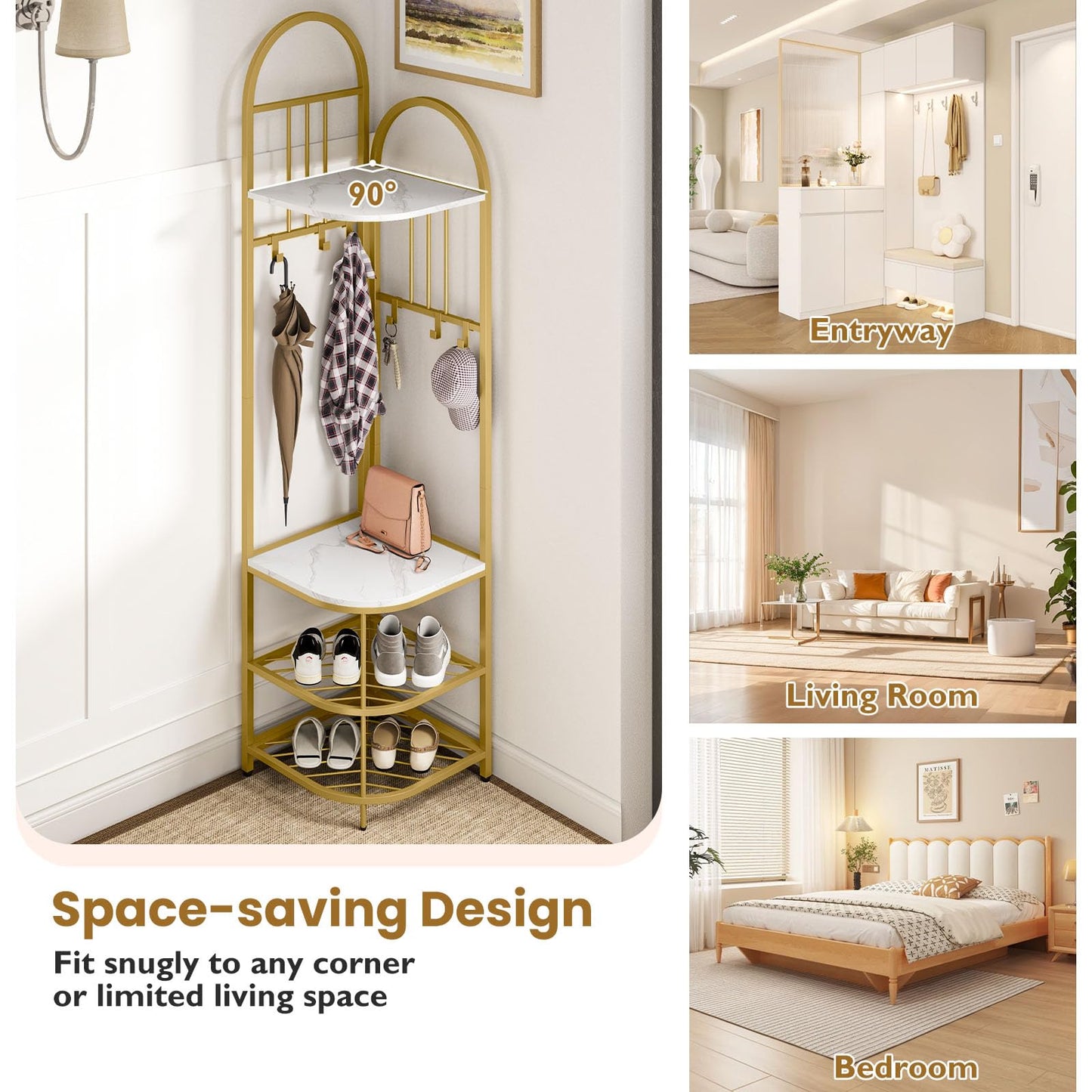 Tangkula 4-Tier Coat Rack Corner Hall Tree with Shoe Storage Bench