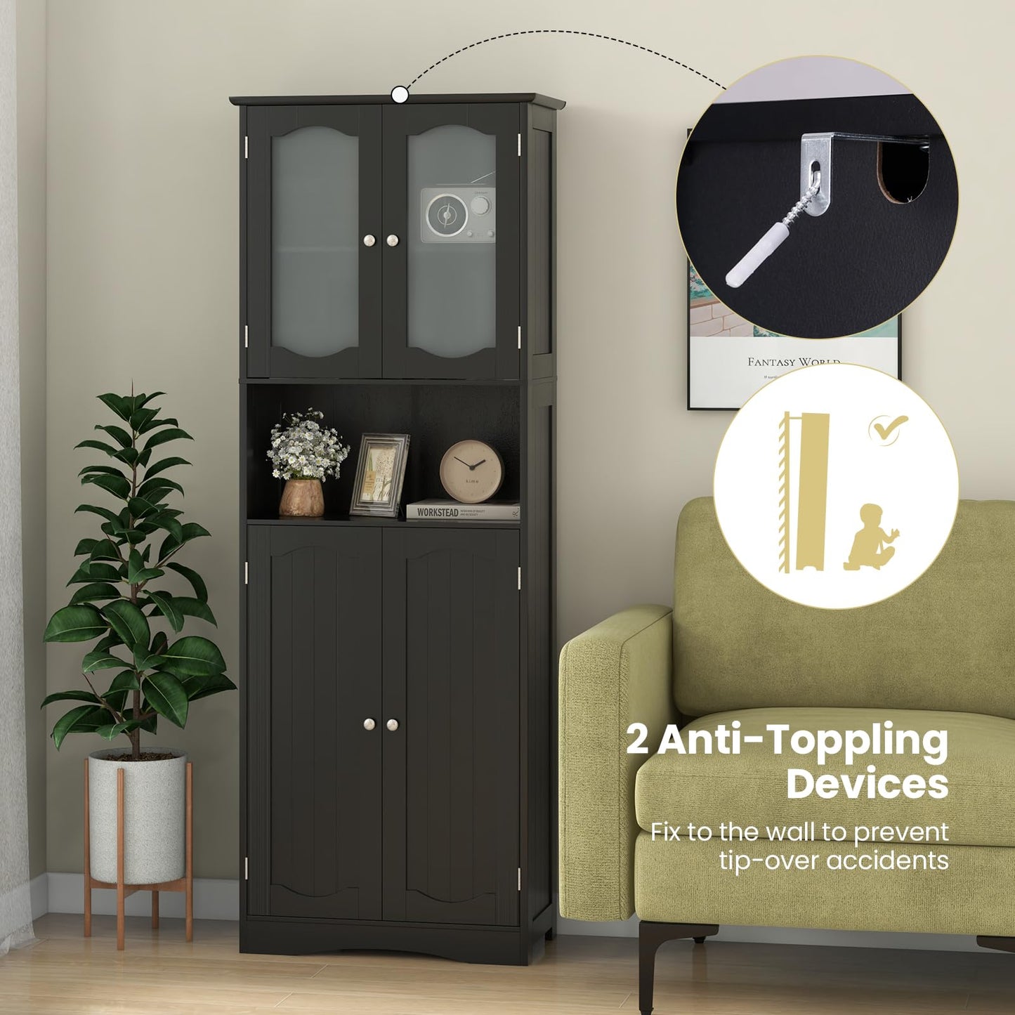 Tangkula 64.5" Tall Bathroom Storage Cabinet, Freestanding Linen Cabinet with Frost Glass Doors and Shelves