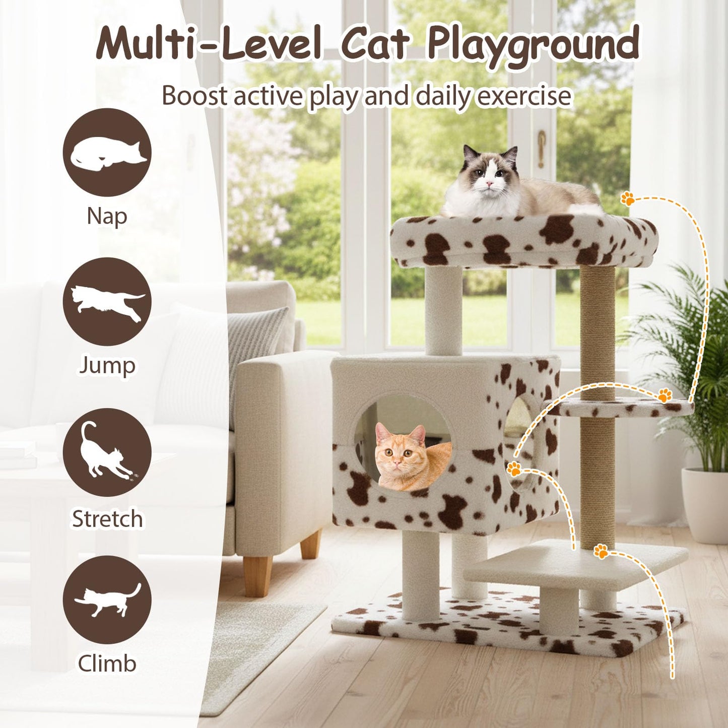 Tangkula Arbre à chat esthétique à imprimé vache de 76 cm avec condo à 2 portes et perchoir supérieur rembourré