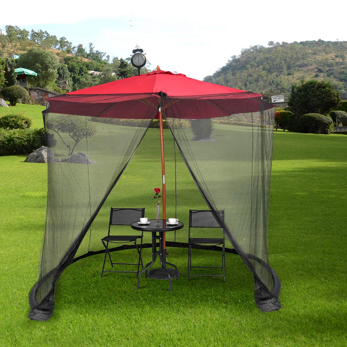 TANGKULA 9/10FT Patio Umbrella Screen, with Zipper Door and Polyester Mesh Netting