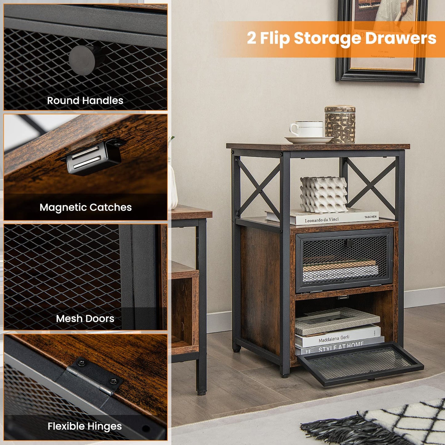 Tangkula Table d'appoint de canapé industrielle polyvalente avec étagère de rangement ouverte et 2 tiroirs basculants