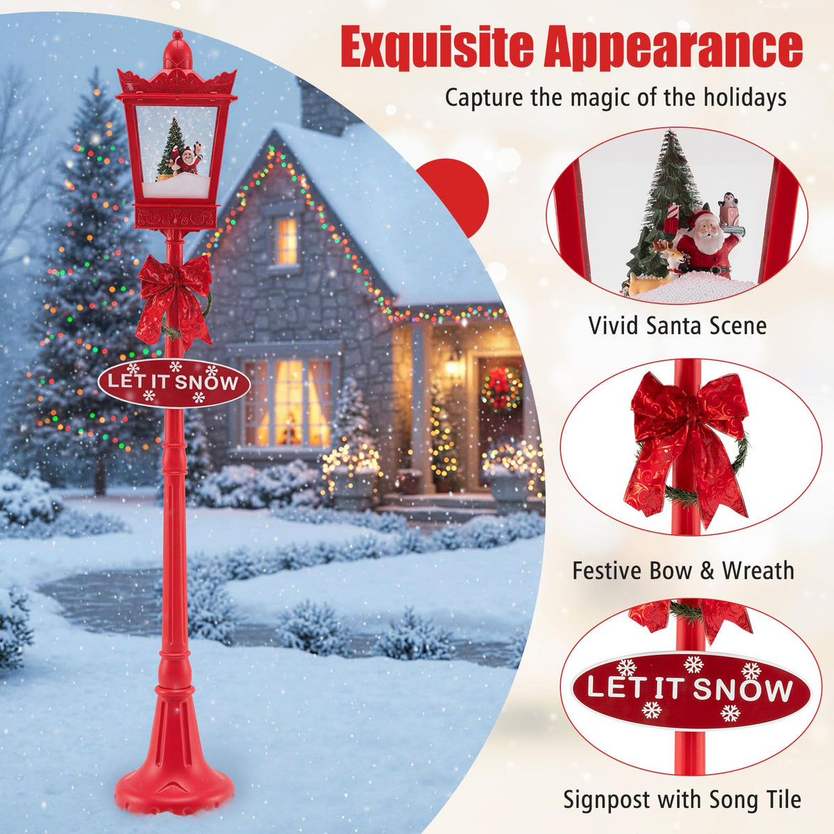 Tangkula 8 Ft Musical Christmas Street Light with Snow & Santa Scene