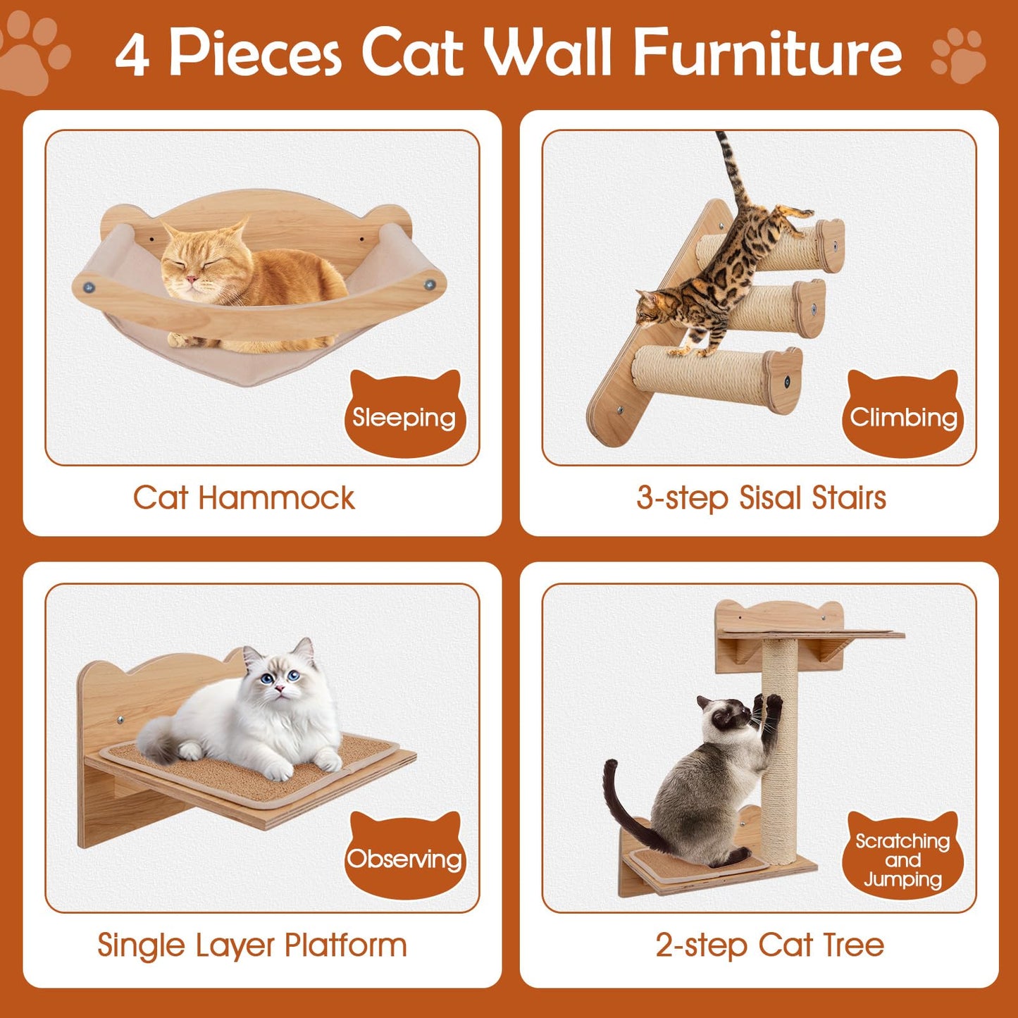 Tangkula Cat Wall Shelves, Wall Mounted 4pcs Kitten Furniture Set with Hammock
