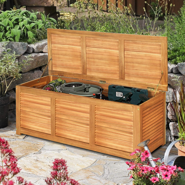 Tangkula 47 Gallon Acacia Wood Deck Box, Garden Backyard Storage Bench(Natural)