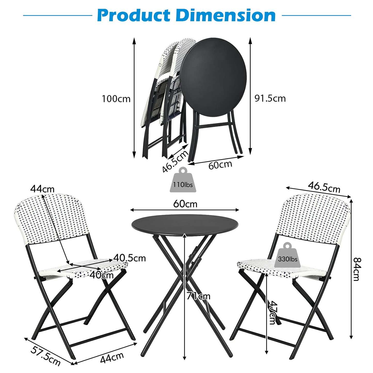 Tangkula 3 Pieces Patio Rattan Bistro Set, Outdoor Folding Dining Furniture Set with Round Dining Table and 2 Chairs
