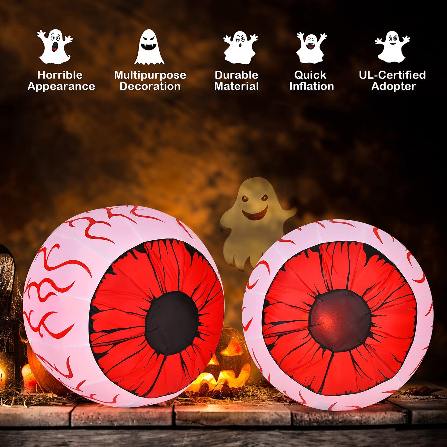 2 Pack 3 FT Halloween Inflatable Huge Eyeballs W/ Air Blower, Red LED Lights