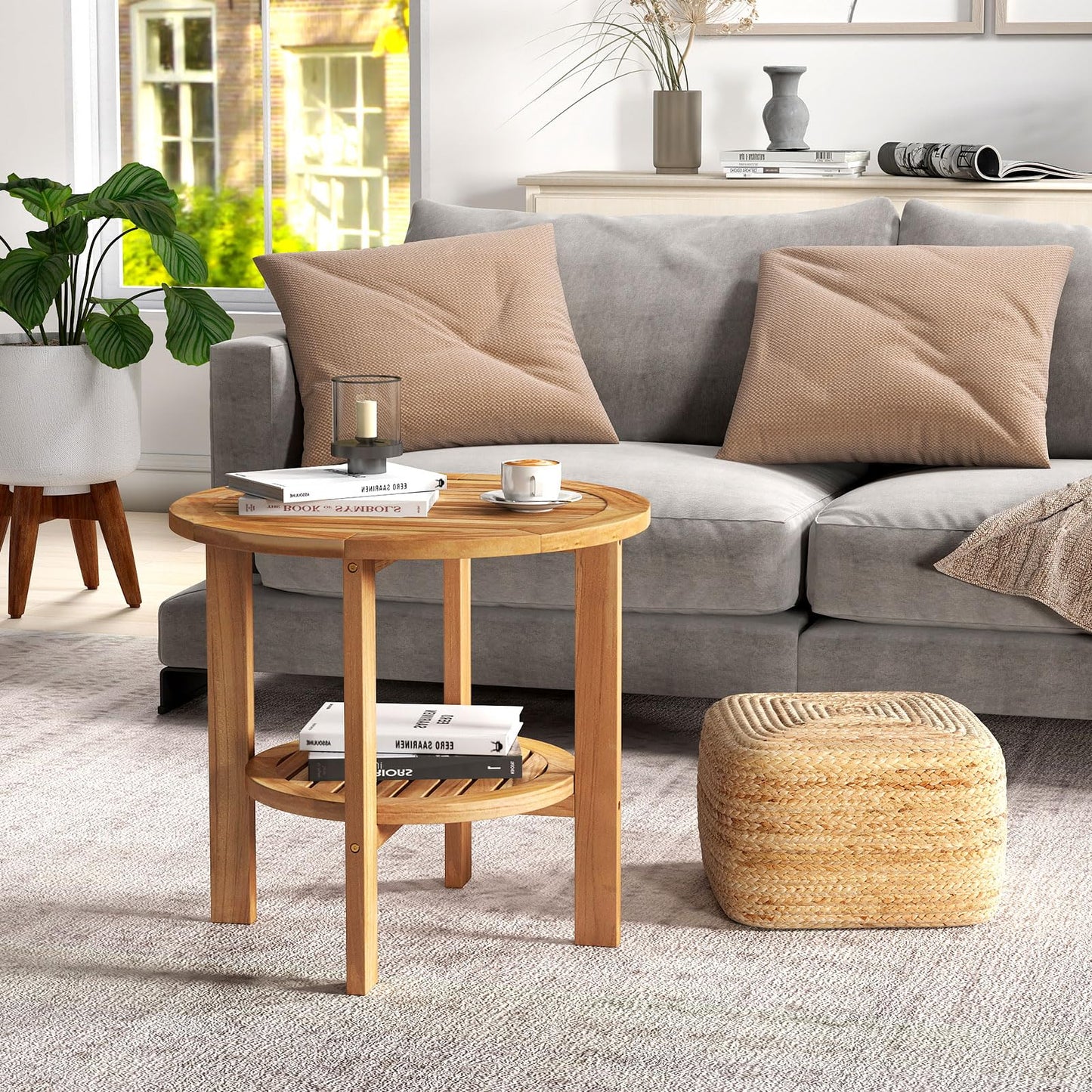 Tangkula Table d'appoint ronde d'extérieur, bois de teck, table d'appoint de patio de 49,5 cm avec étagère de rangement à lattes