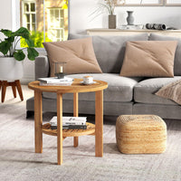 Tangkula Table d'appoint ronde d'extérieur, bois de teck, table d'appoint de patio de 49,5 cm avec étagère de rangement à lattes