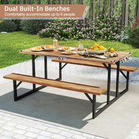 Tangkula 6 Person Acacia Wood Picnic Table with 2 Built in Benches
