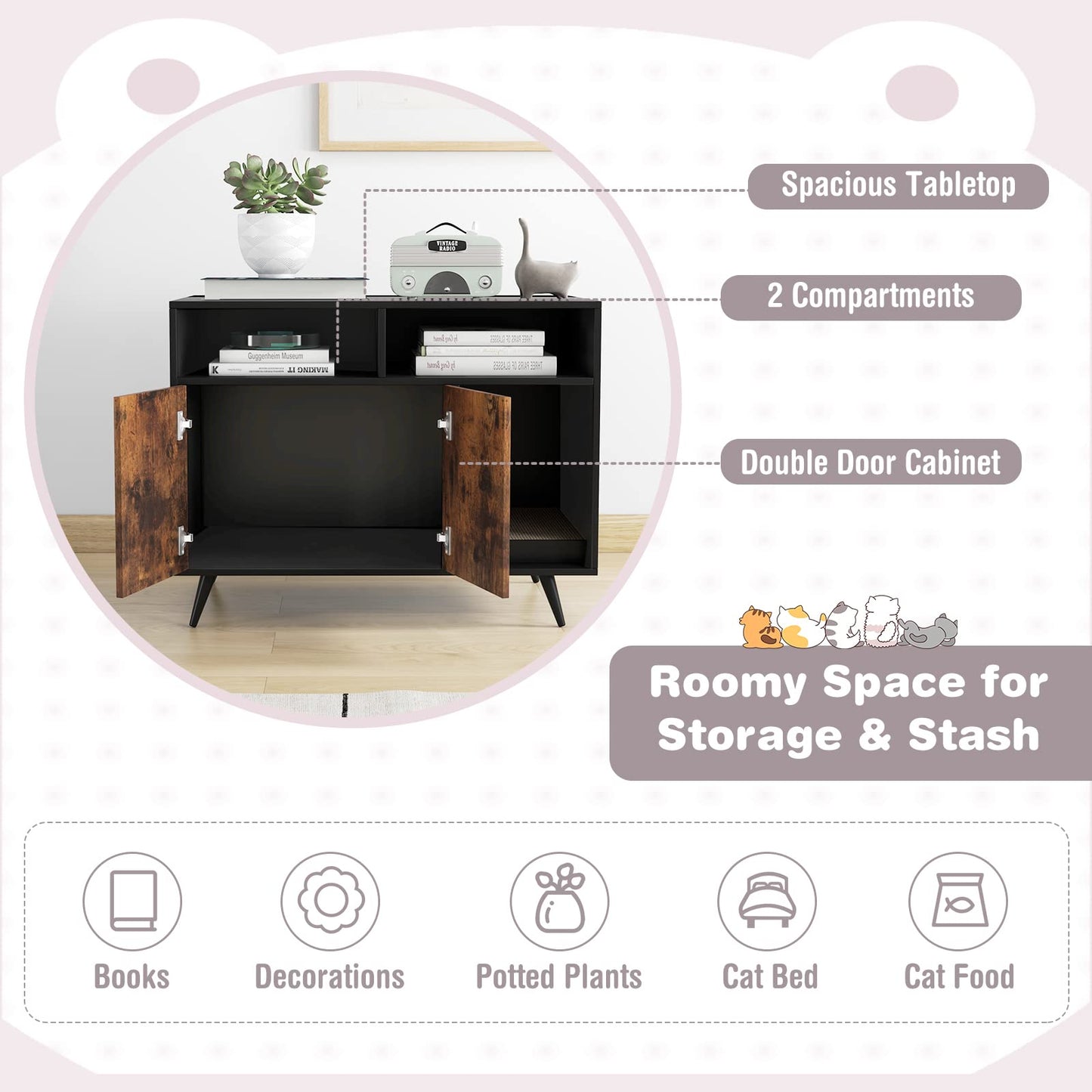 Tangkula Cat Litter Box Enclosure, Hidden Cat Washroom Furniture with Double Door Cabinet
