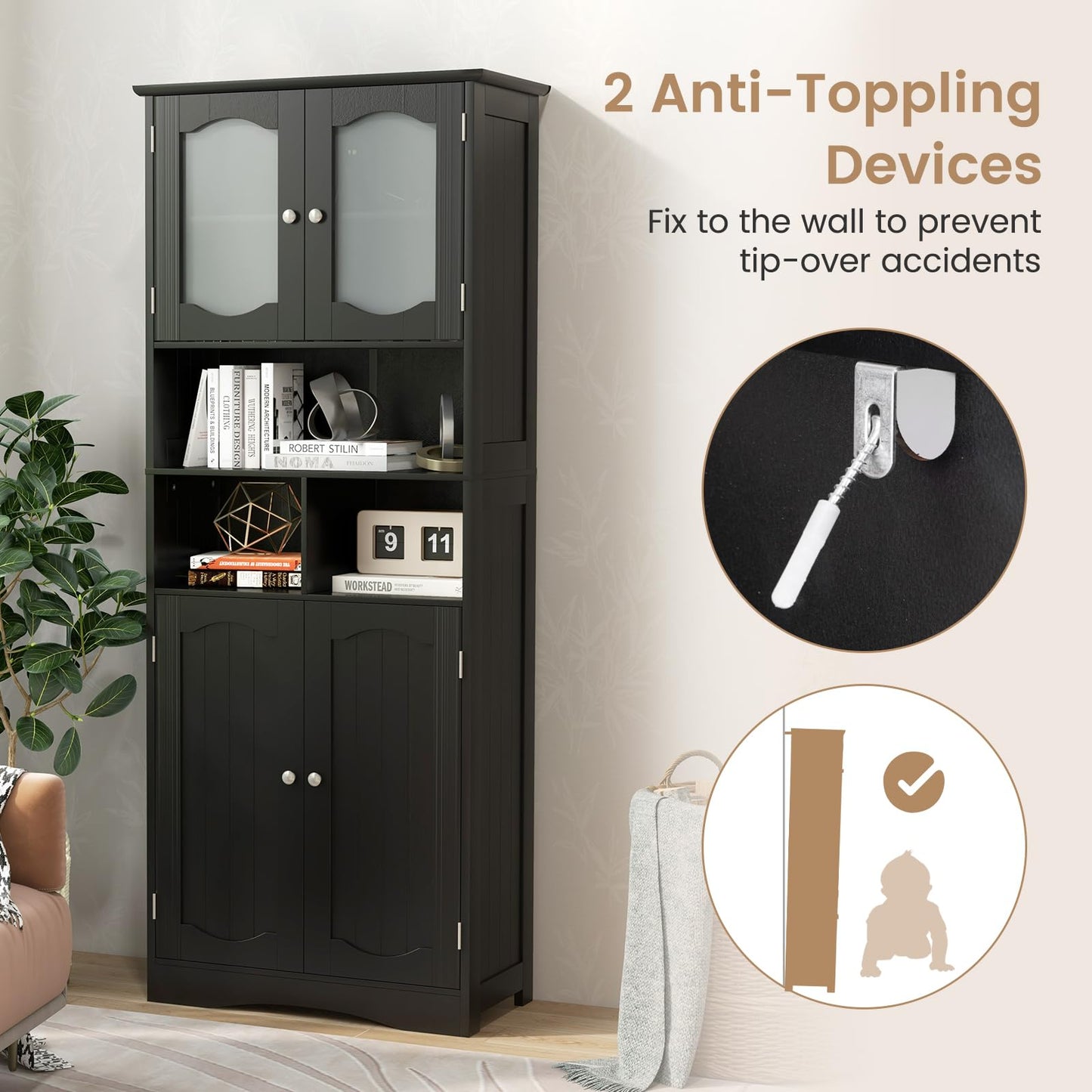 Tangkula 58.5" Tall Bathroom Storage Cabinet, Freestanding Linen Cabinet with Frost Glass Doors and Shelves