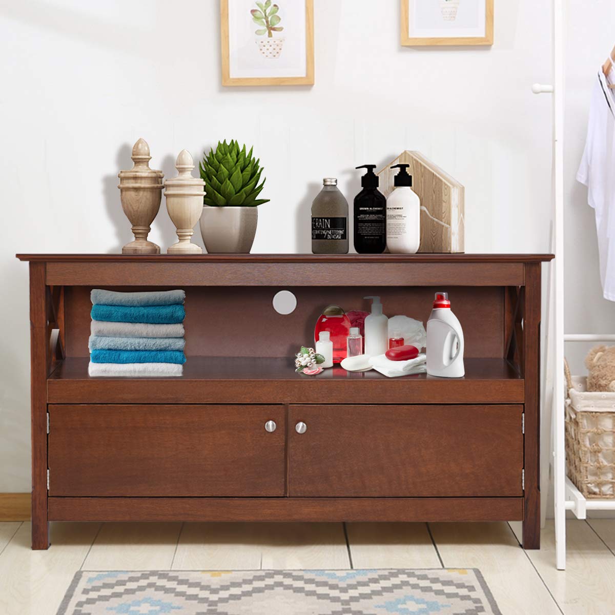 Wooden TV Stand for TVs Up to 50 Inch, X Shape Console Storage Cabinet