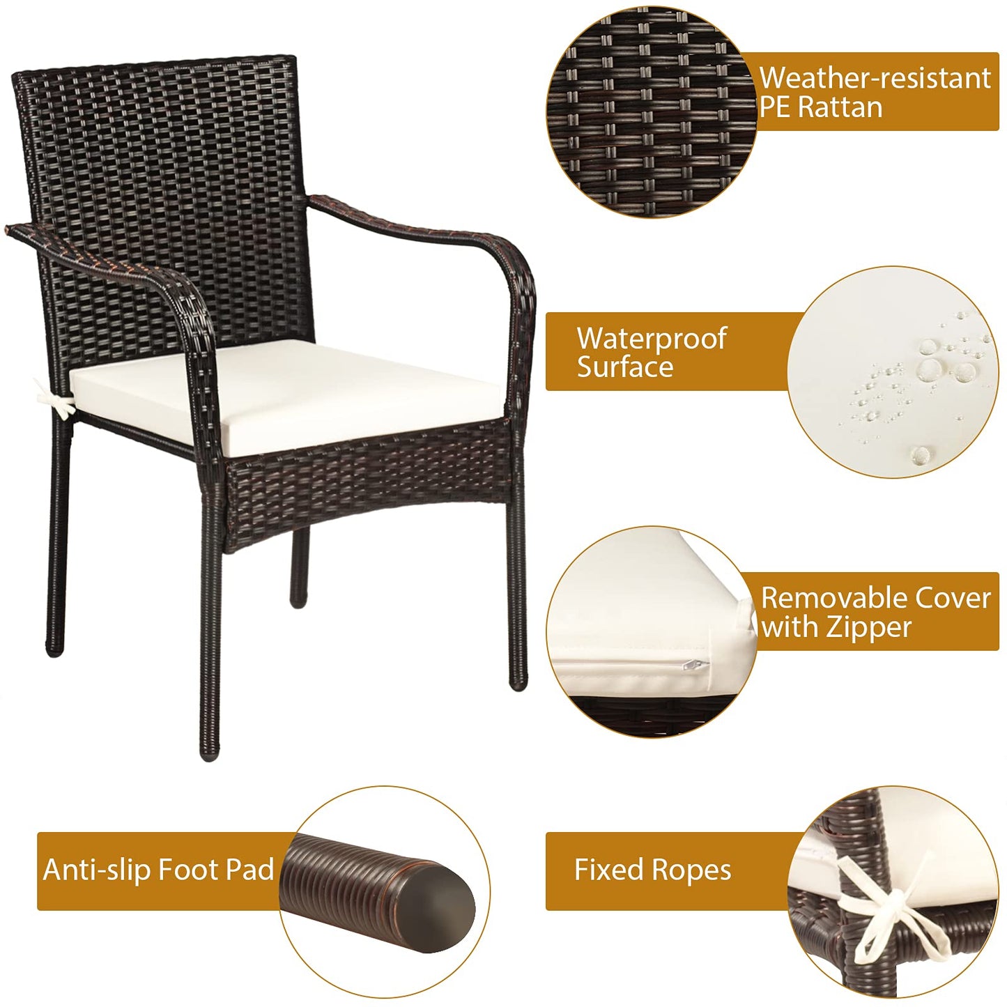 4 Pieces Patio Rattan Dining Chairs, Outdoor Stackable Wicker Chairs with Comfortable Cushions and Armrests