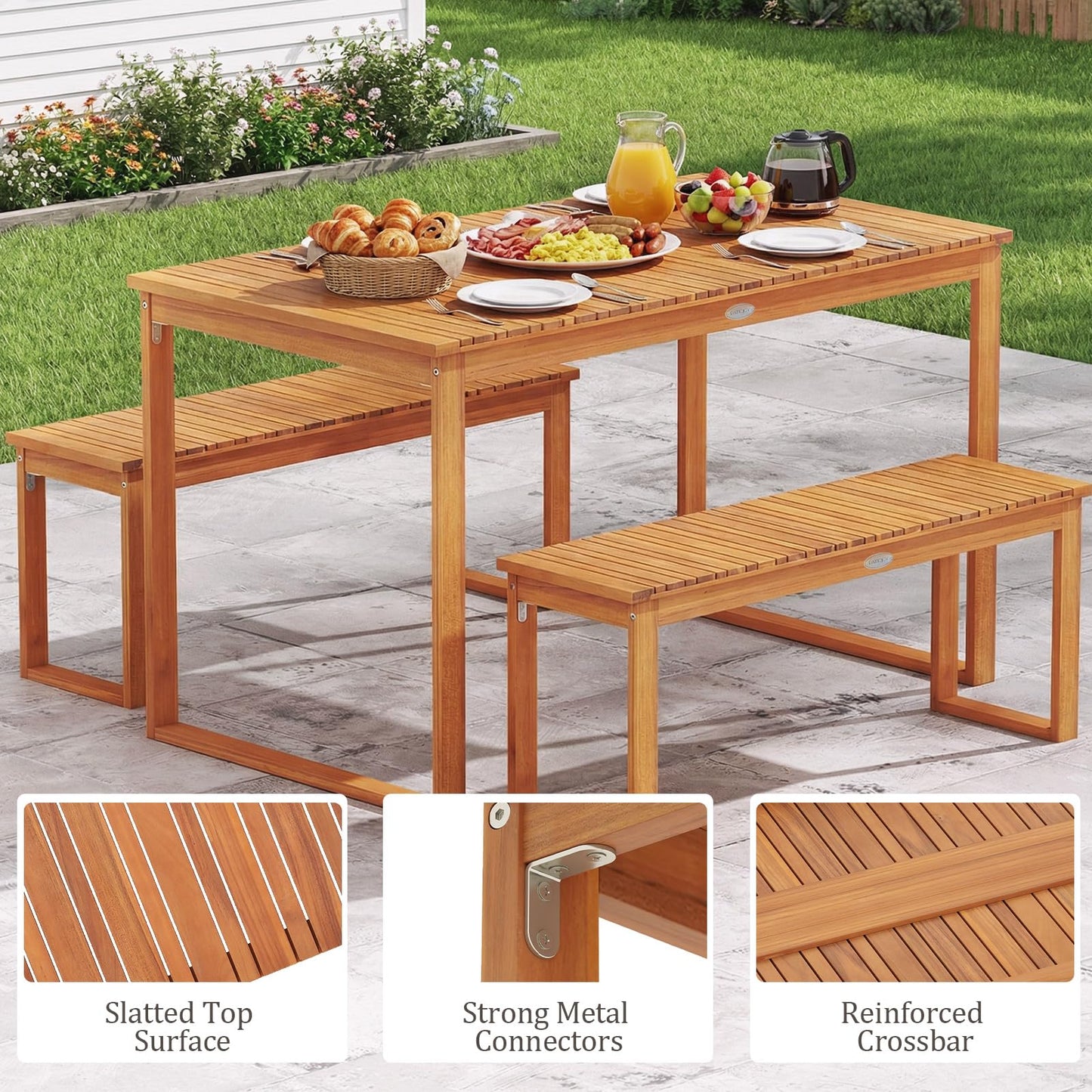Tangkula 49" x 27.5" Acacia Wood Patio Dining Table for 4-6 Slatted Tabletop