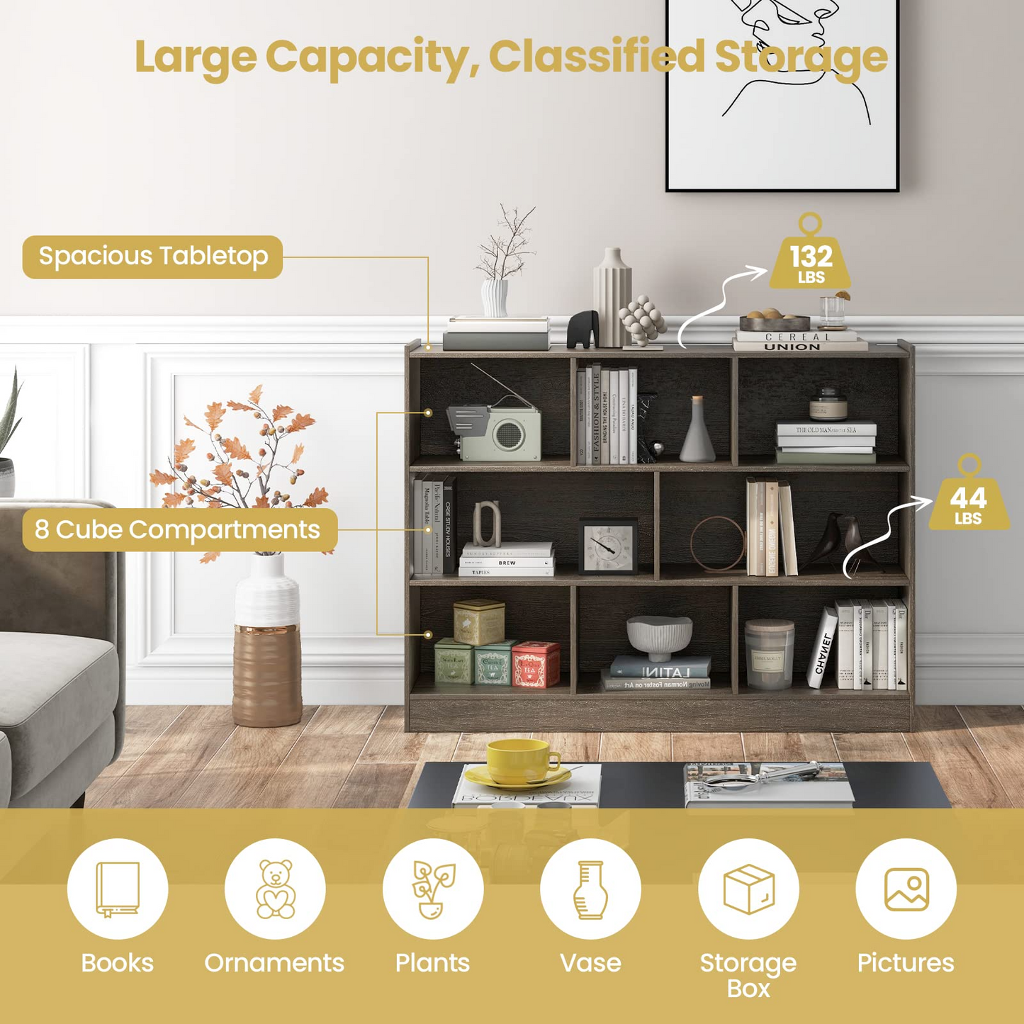 Tangkula 8-Cube Bookcase, Wood 3 Tier Open Storage Bookshelf, Modern Multipurpose Display Cabinet