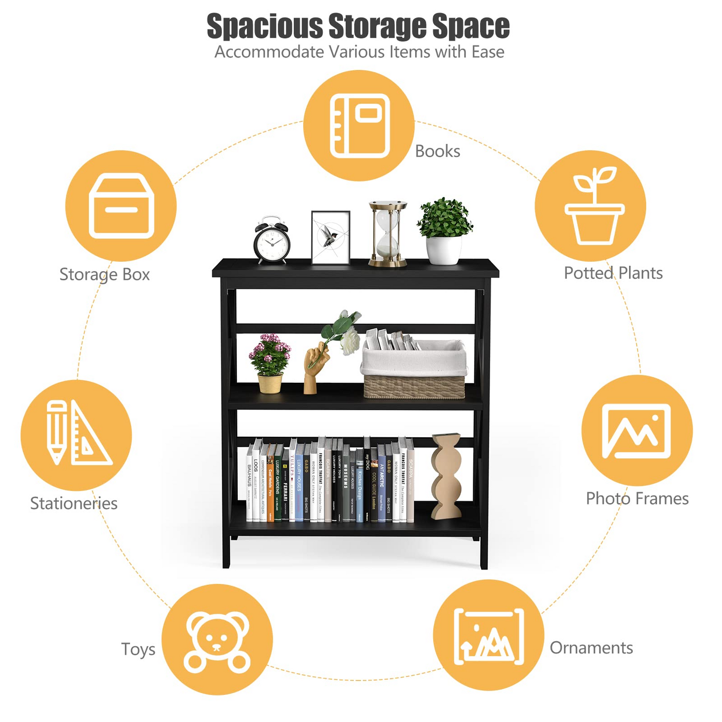 Tangkula 3-Tier Bookcase and Bookshelf, Wooden Open Shelf Bookcase, X-Design Etagere Bookshelf for Home Living Room Office