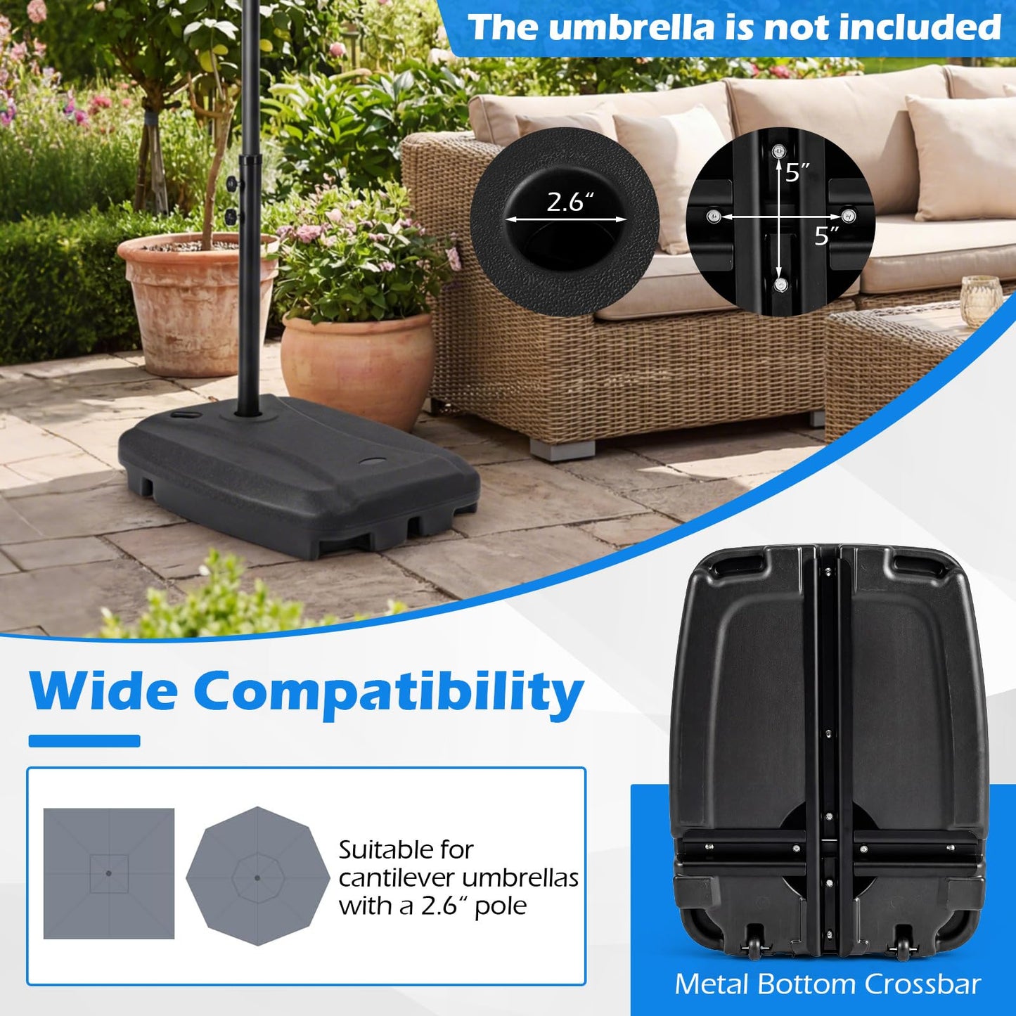 Tangkula 225 Lbs Cantilever Umbrella Base with 2 Wheels