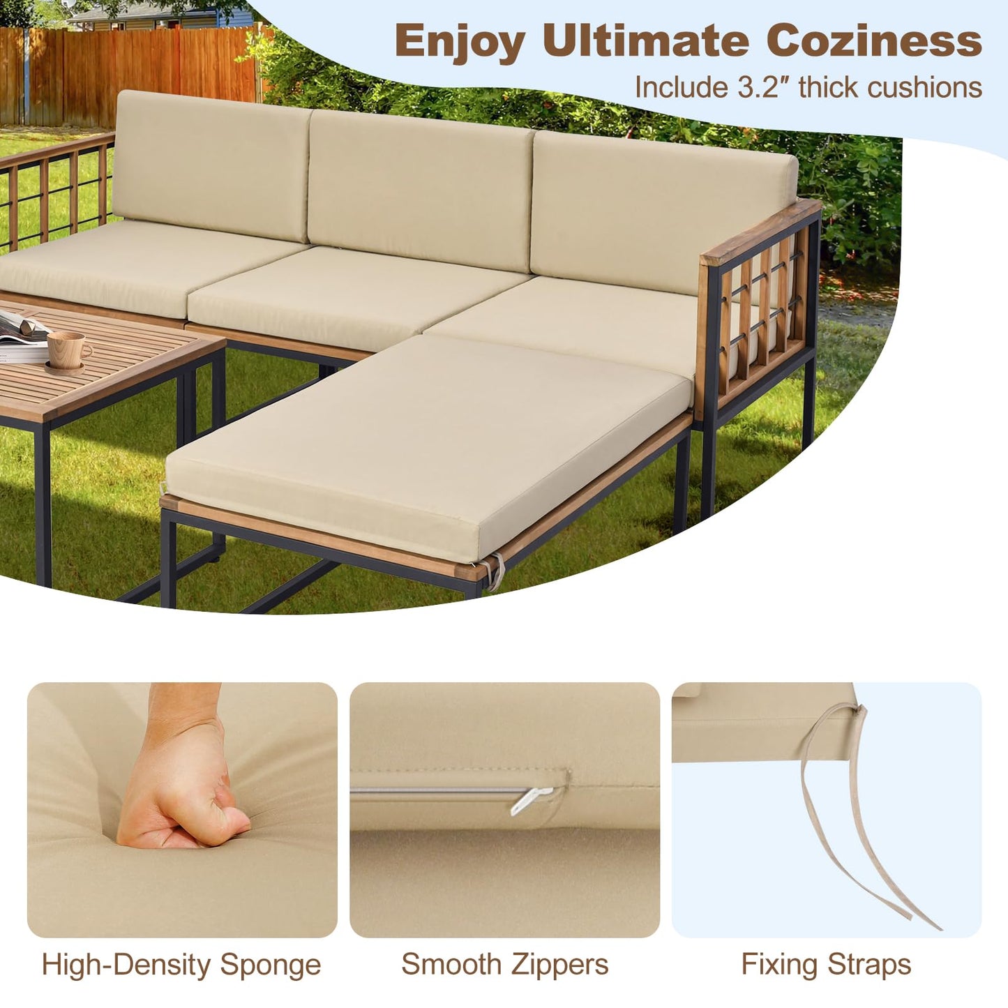 Tangkula 5 Piece Patio Furniture Set, Acacia Wood Sectional Set with Heavy-Duty Metal Frame, Comfy Seat & Back Cushions