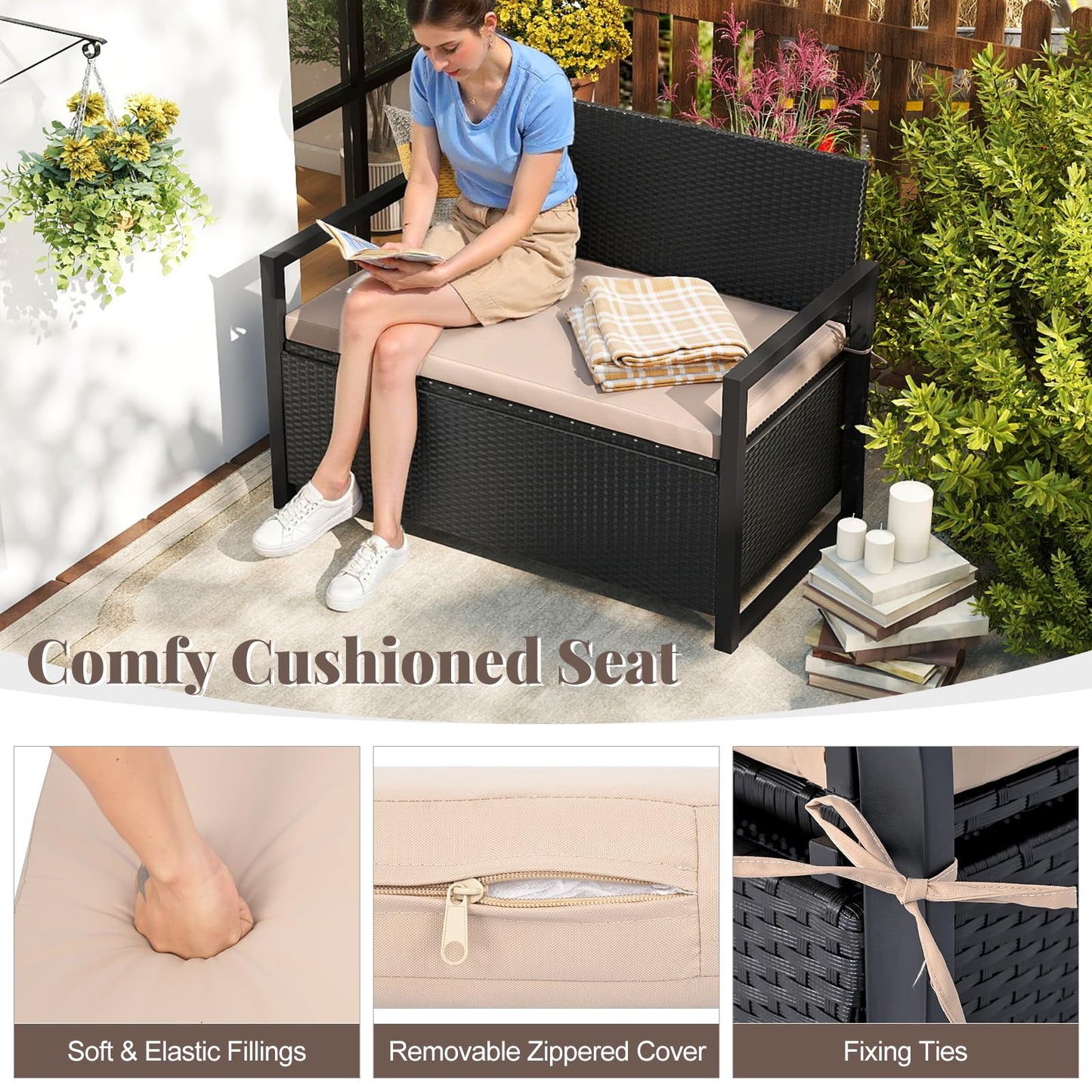 Tangkula 40 Gallon Patio Wicker Storage Bench with Cushion for Backyard
