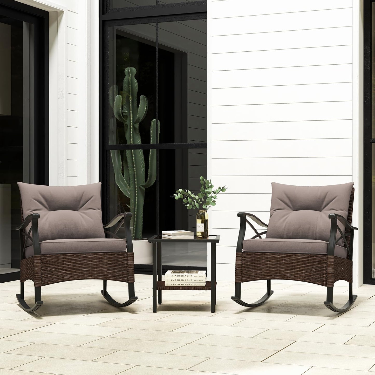 Tangkula 3 Pieces Outdoor Rocking Chairs Set, Rattan Heavy Duty Cushioned Rocker Chairs with 2-Tier Tempered Glass Coffee Table