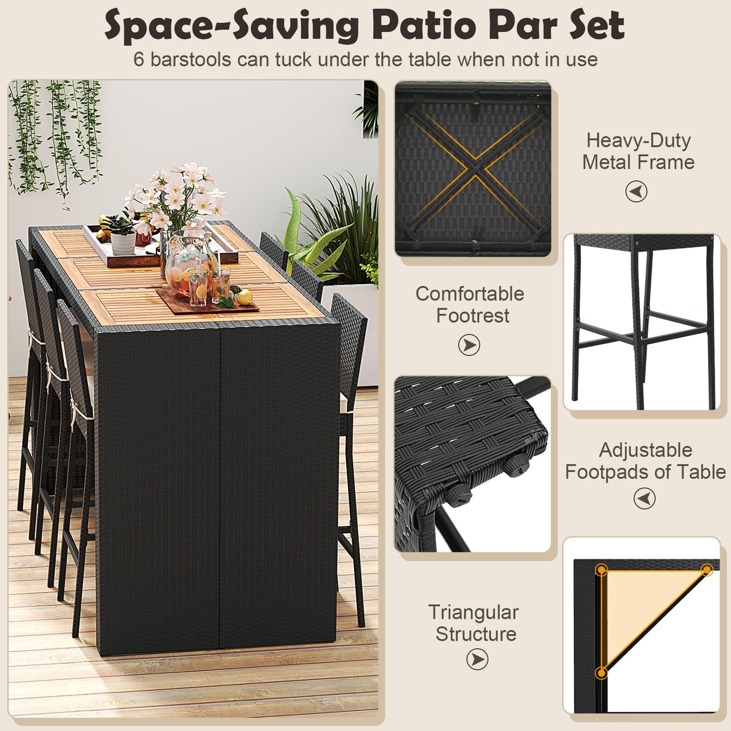 Tangkula 7 Piece Patio Wicker Bar Set with Backrest and Footrest