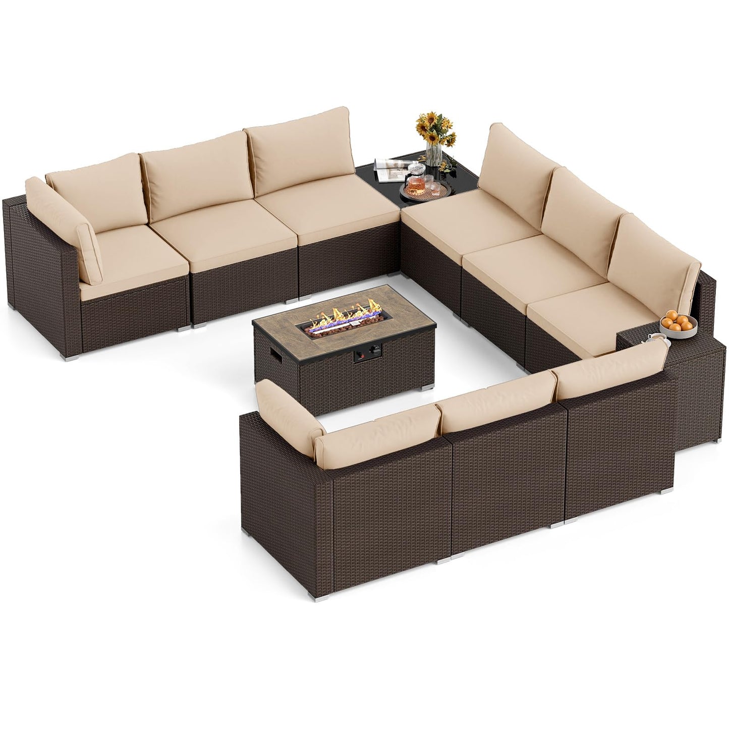 Tangkula 12 Pieces Patio Wicker Sectional Sofa Set with 40,000 BTU Propane Fire Pit Table