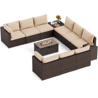 Tangkula 12 Pieces Patio Wicker Sectional Sofa Set with 40,000 BTU Propane Fire Pit Table