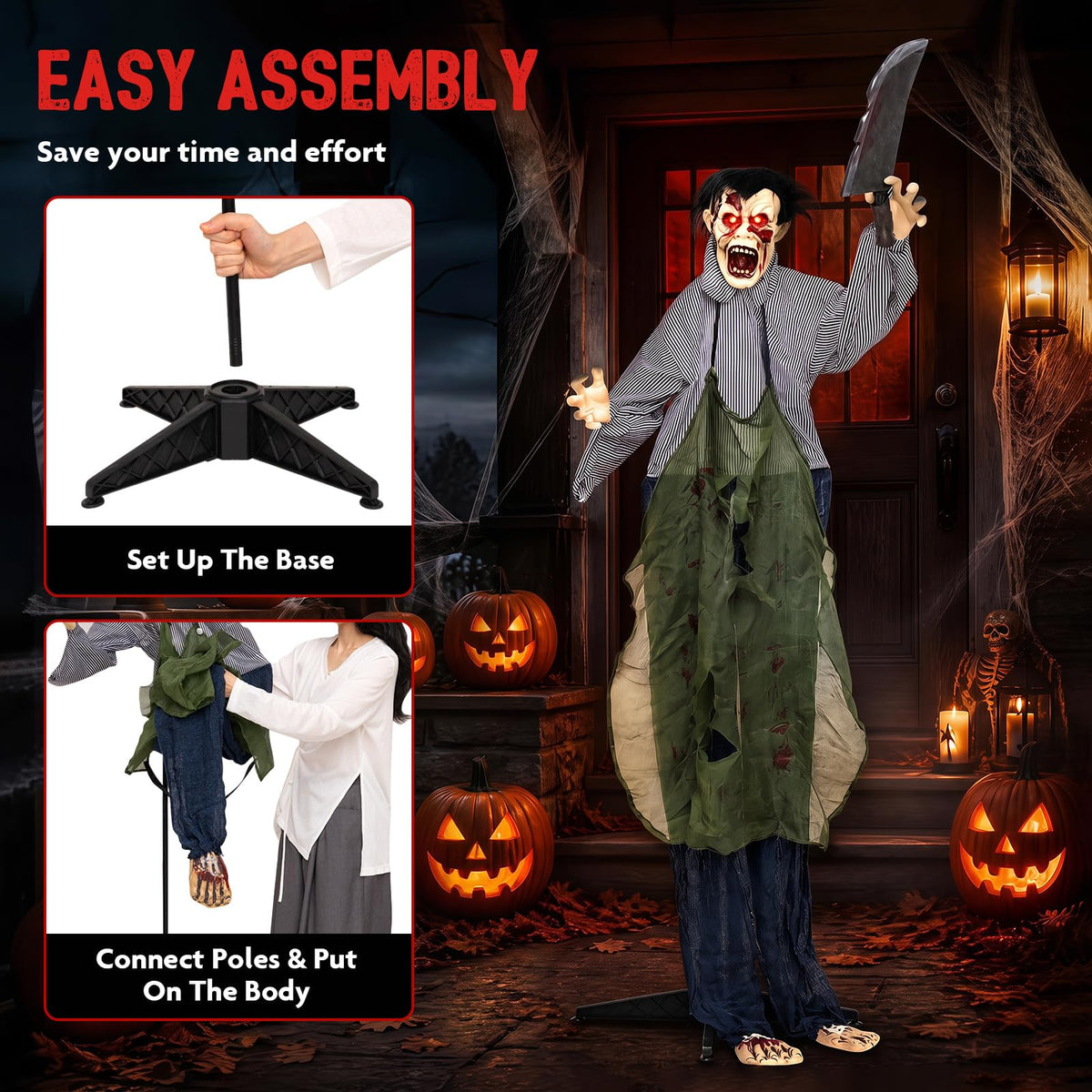 Tangkula Halloween Animated Standing Zombie Holding Knife with Glowing Eyes
