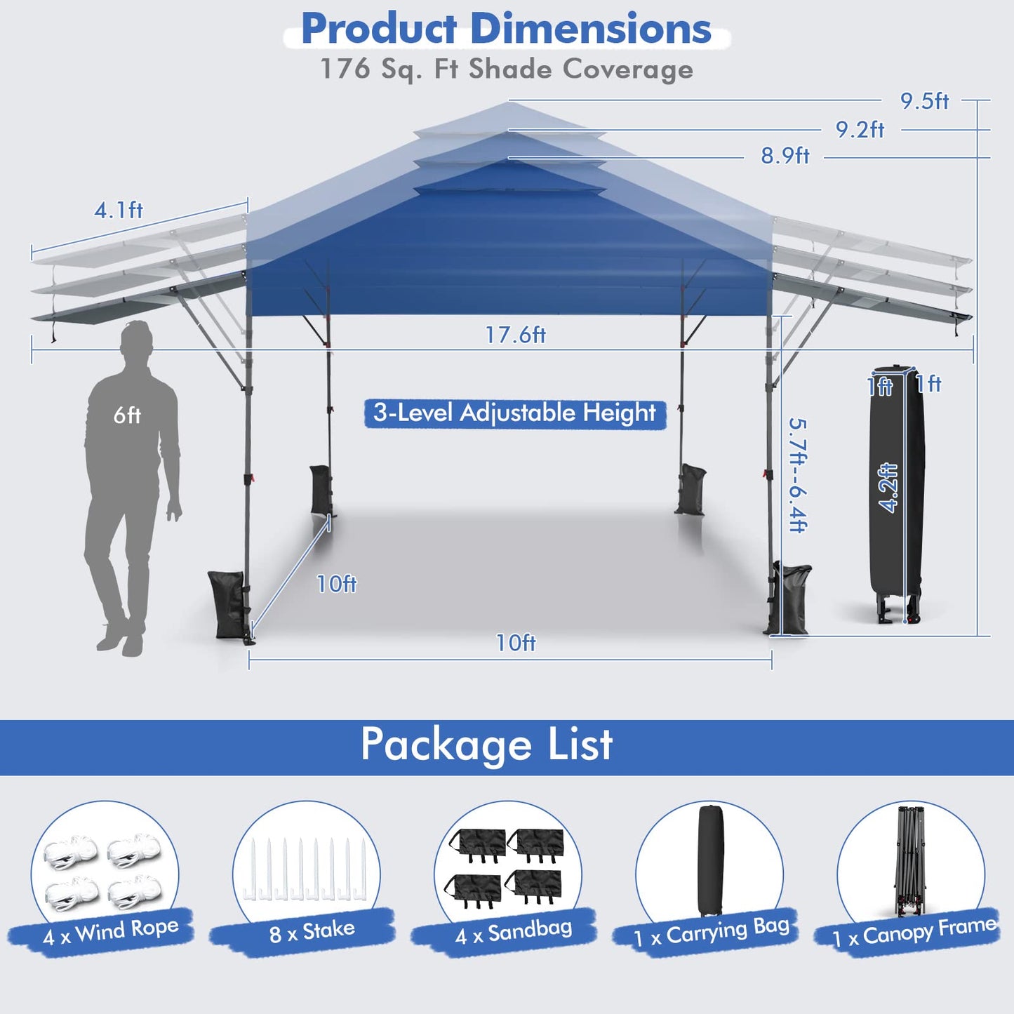 Tangkula 10x17.6 Ft Pop Up Canopy with Adjustable Dual Awnings, Easy Setup Instant Tent for Patio, Market, Picnic