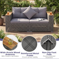 Tangkula 62.5" Large Patio Wicker Loveseat with Acacia Wood Armrests & Cup Holders