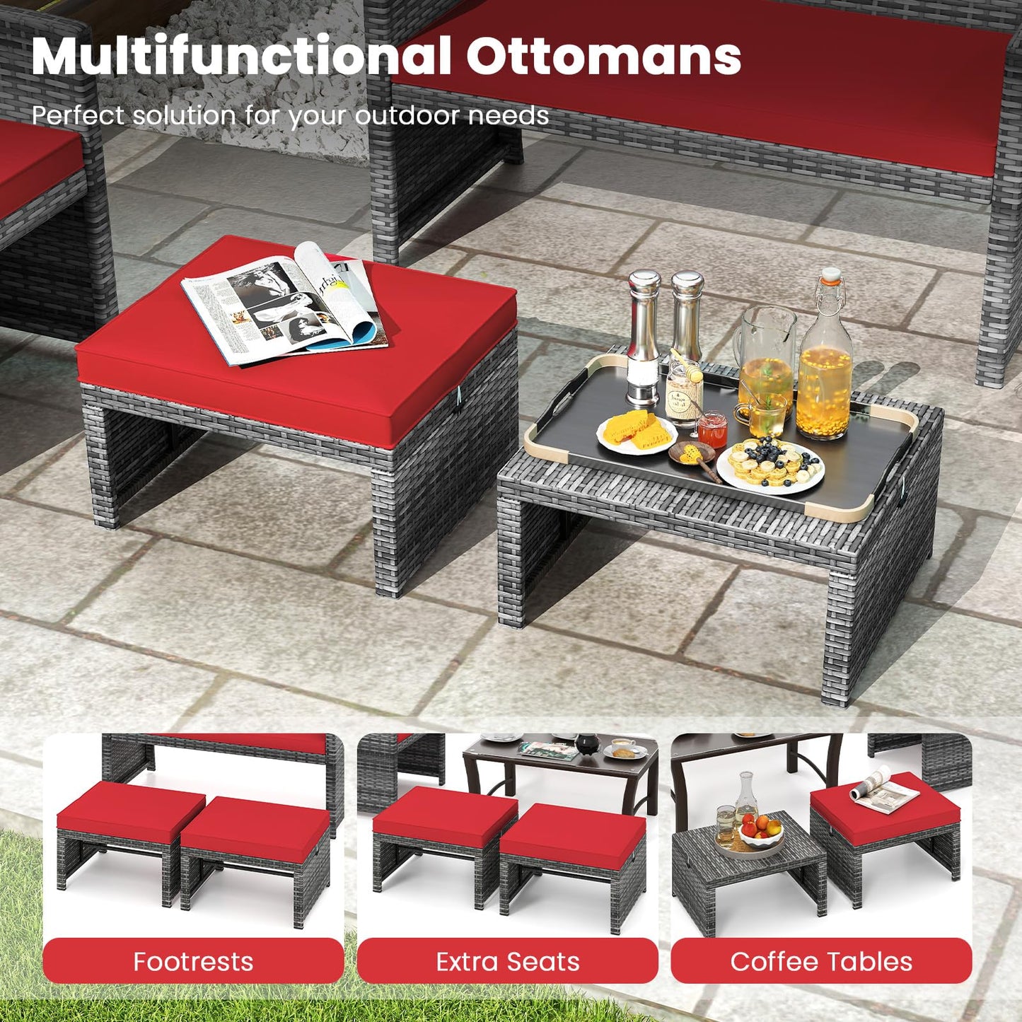 Tangkula 2 Pieces Patio PE Rattan Ottomans