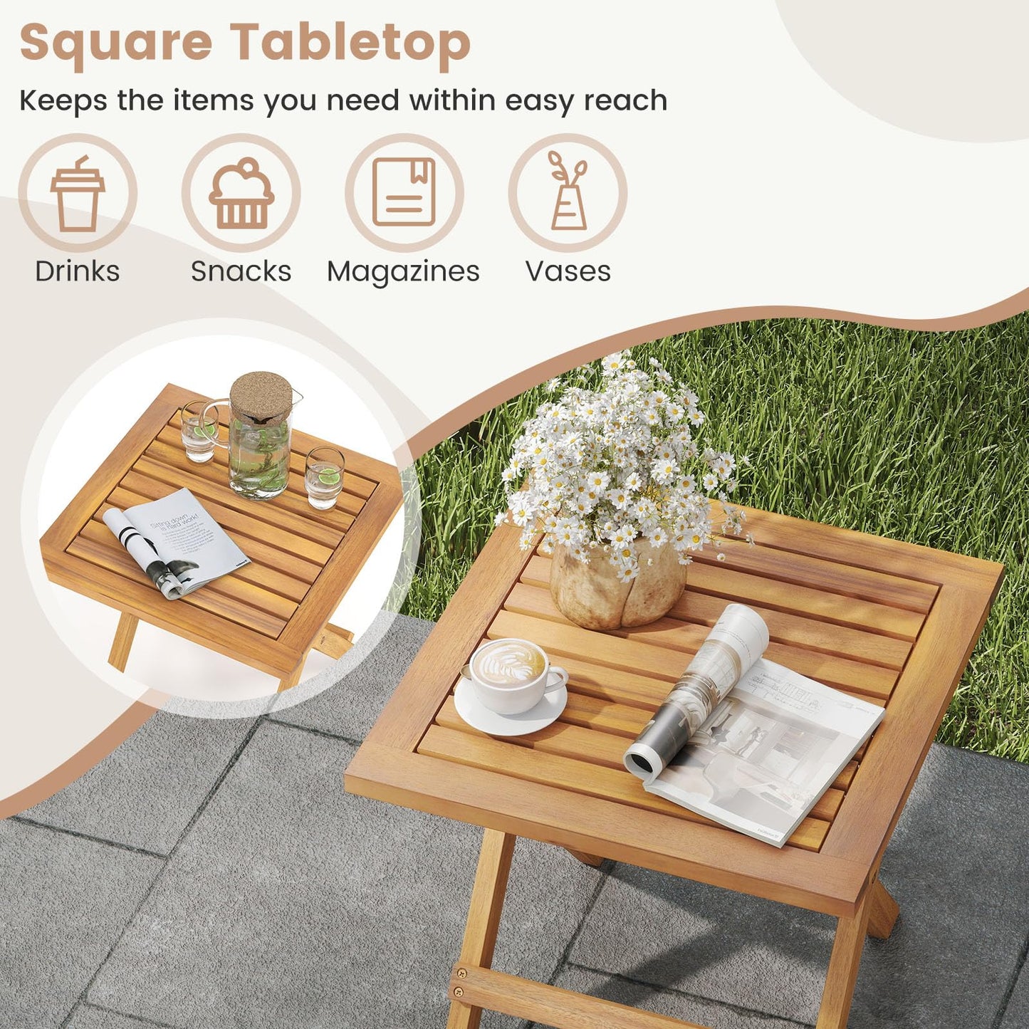 Tangkula Table d'appoint pliable d'extérieur en bois d'acacia avec pieds en X et plateau à lattes