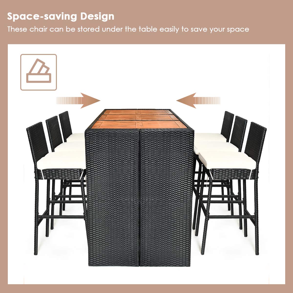 Tangkula 7 PCS Outdoor Wicker Furniture with Acacia Wood Bar Table Top and Removable Cushion