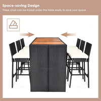 Tangkula 7 PCS Outdoor Wicker Furniture with Acacia Wood Bar Table Top and Removable Cushion