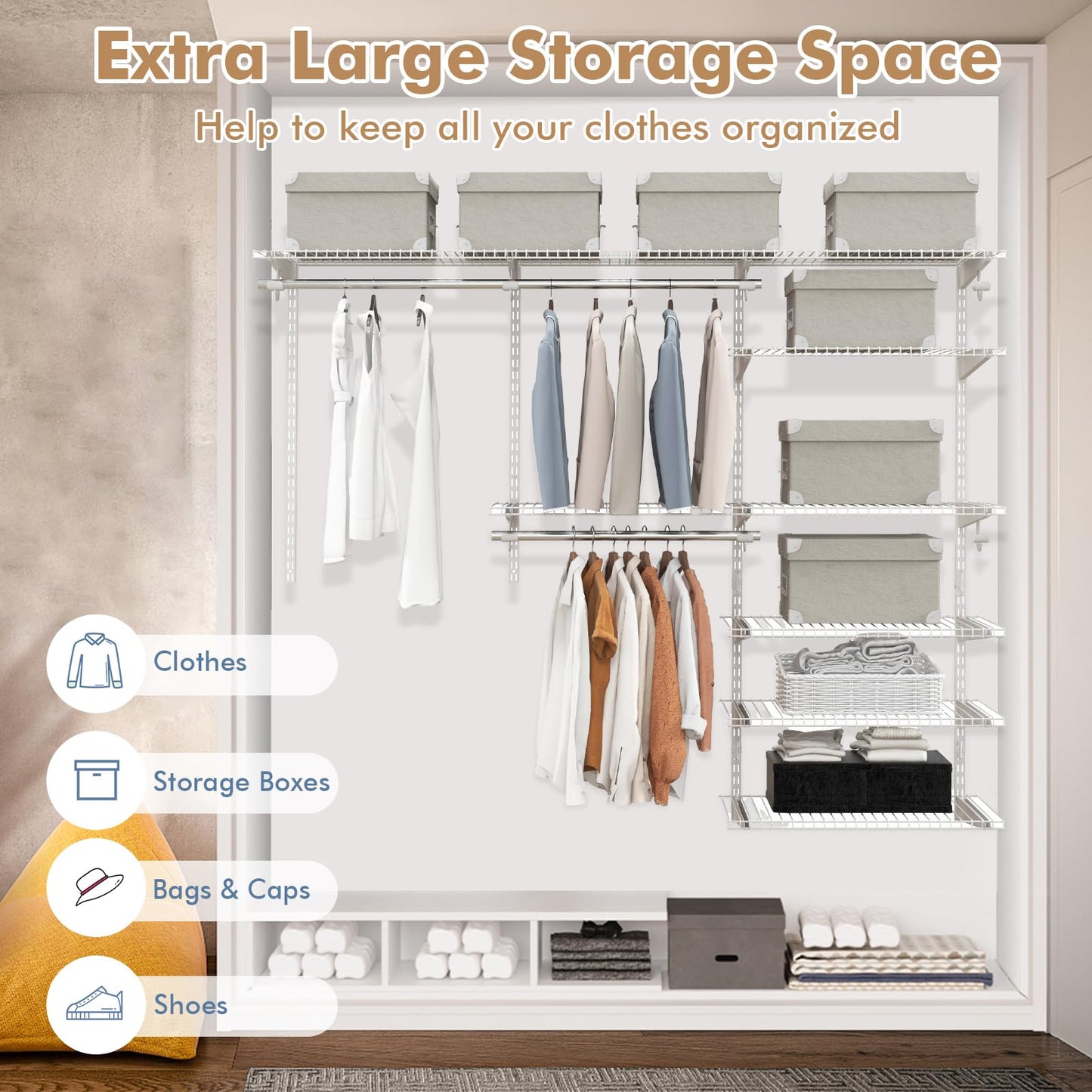 Tangkula 4 to 6 FT Custom Closet Organizer System Kit, Wall-Mounted Storage Organizer with Wire Shelving and Hanging Rods