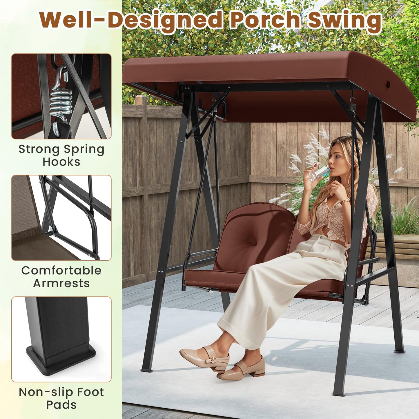 Tangkula 2 Person Porch Swing, Patio Swing with Adjustable Canopy