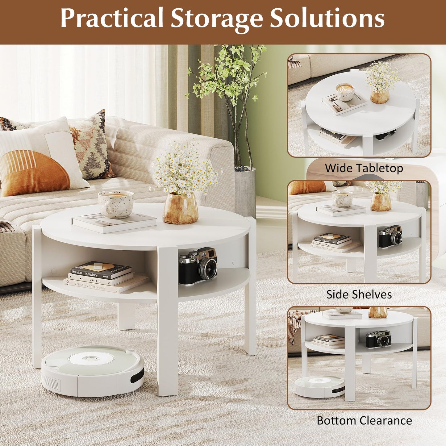 Tangkula 29.5”Round Coffee Table 2-Tier Circle Cocktail Center Table with Storage Shelves