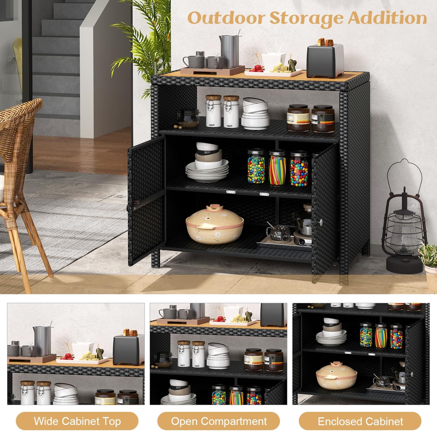 Tangkula Rattan Storage Cabinet, Outdoor Patiojoy Buffet Cabinet with Acacia Wood Countertop