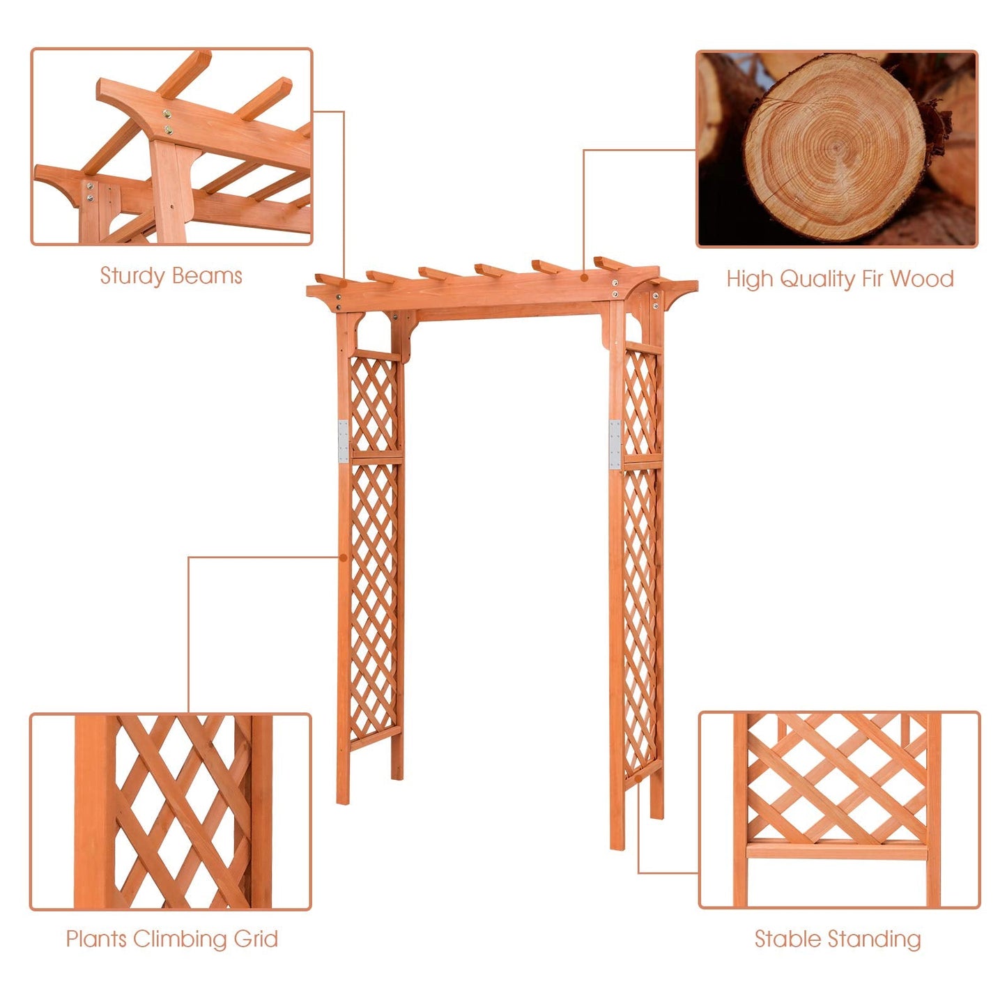 88-Inch Wooden Garden Arbor with Trellis, Decoration Outdoor Rose Arbor with Metal Connection