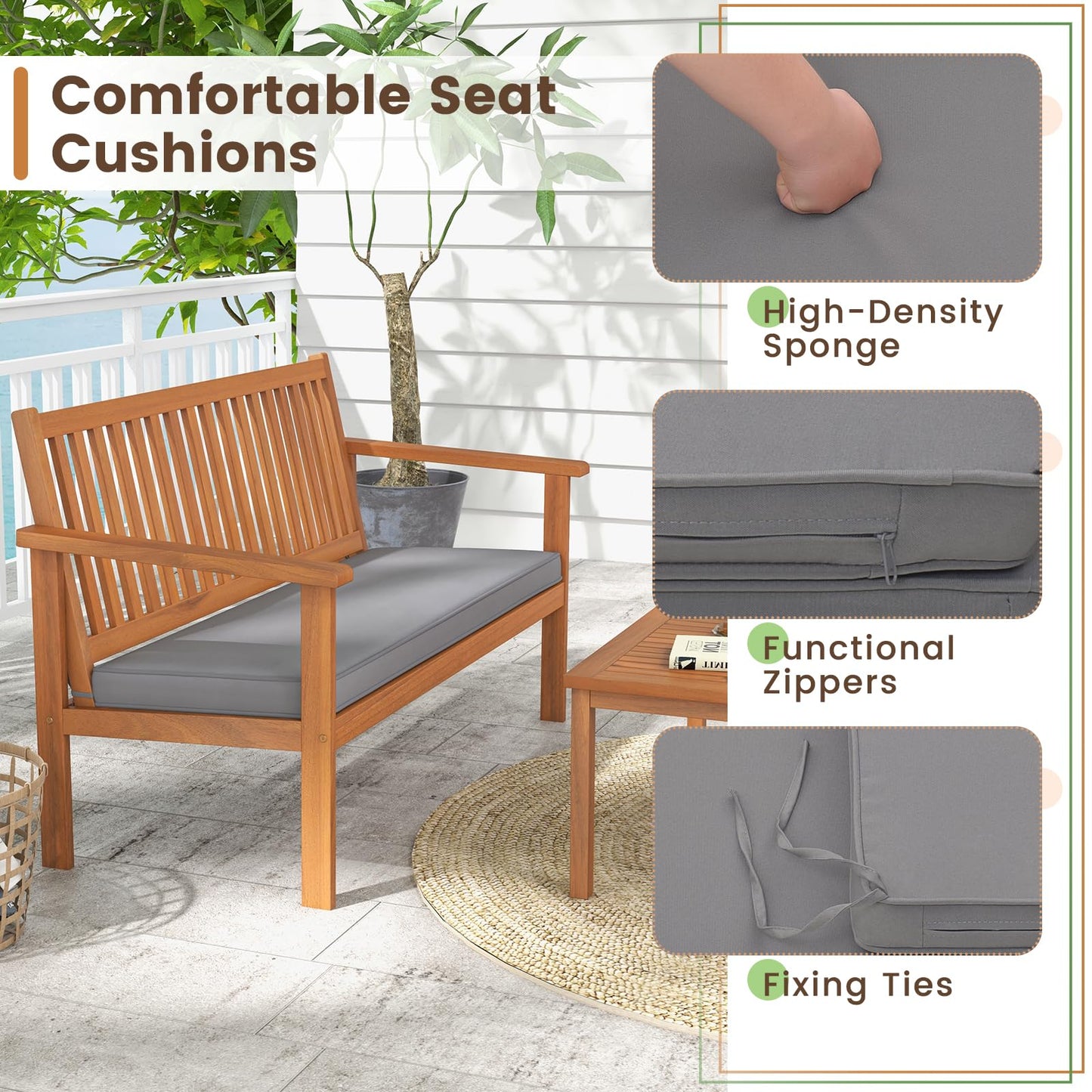 Tangkula 4 Piece Patio Wood Furniture Set, Acacia Wood Sofa Set w/Loveseat, 2 Chairs & Coffee Table
